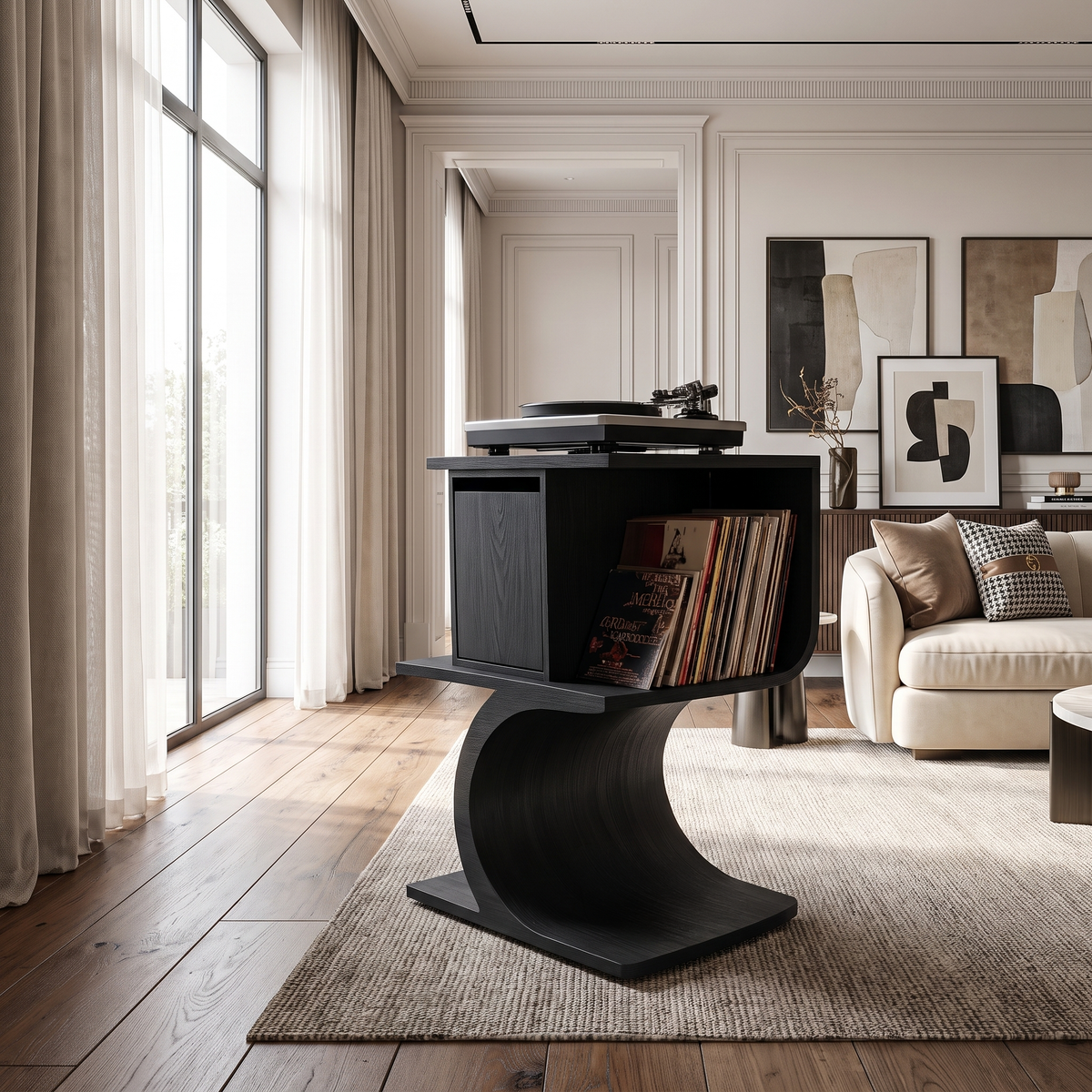 Vireevale Sculpted Curved Pedestal Handcrafted Record Player Stand With Storage Black - Timberustic Record Player Stand With Storage