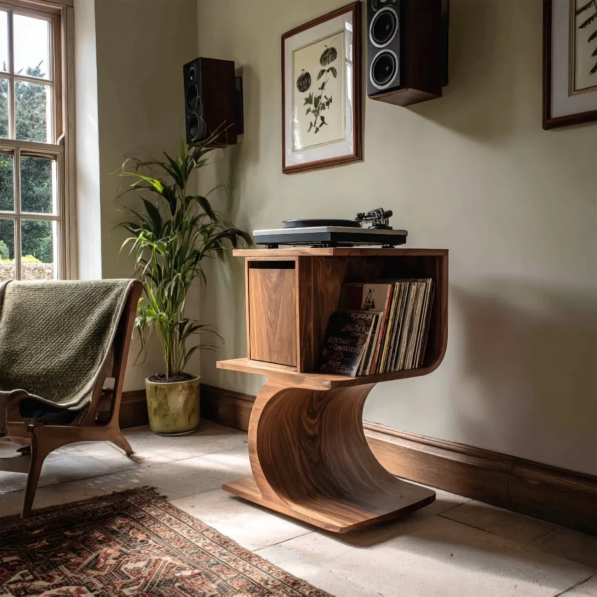 Vireevale Sculpted Curved Pedestal Handcrafted Record Player Stand With Storage - Timberustic Record Player Stand With Storage