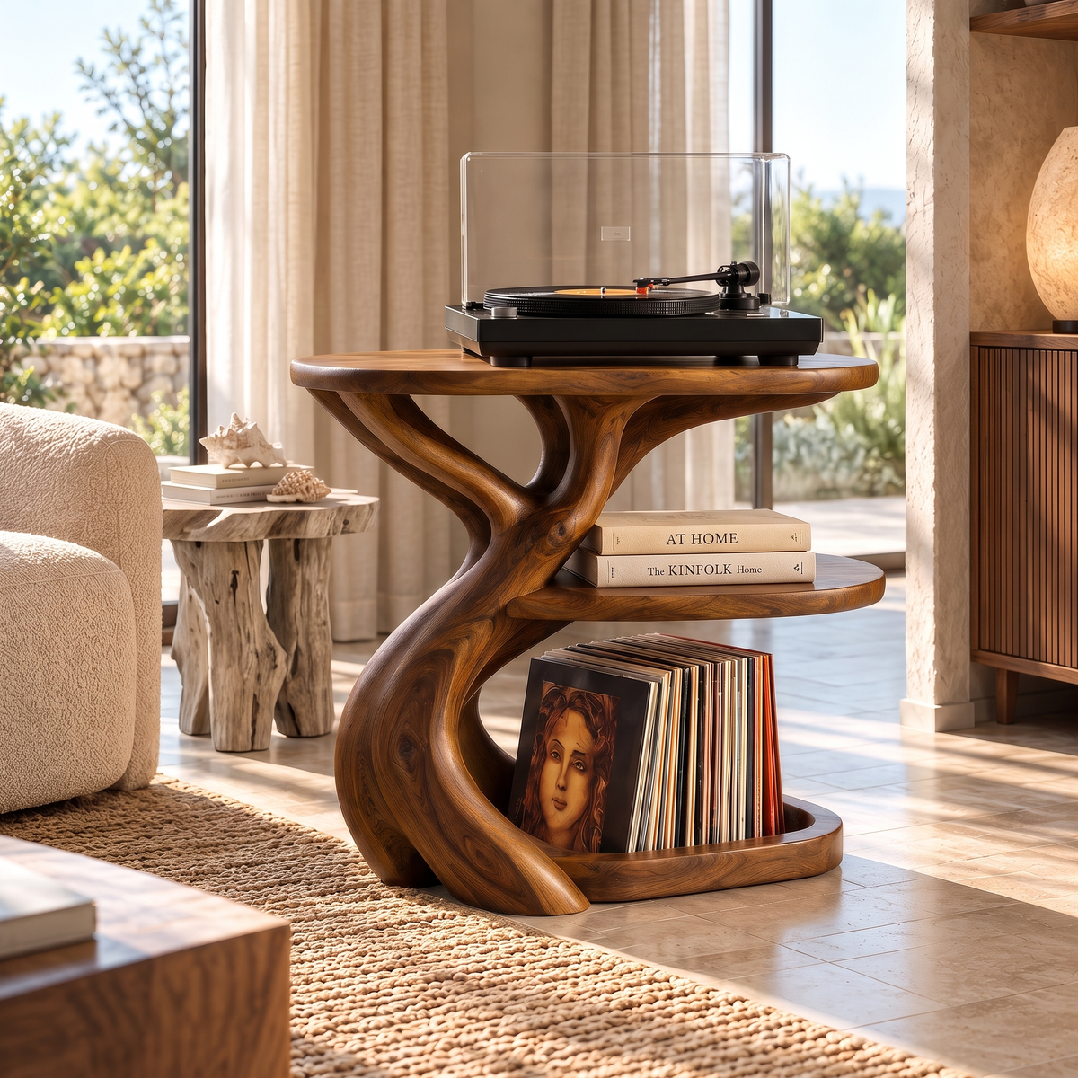 Vireevella Branching Sculpted Handcrafted Record Player Stand With Storage Brown - Timberustic Record Player Stand With Storage
