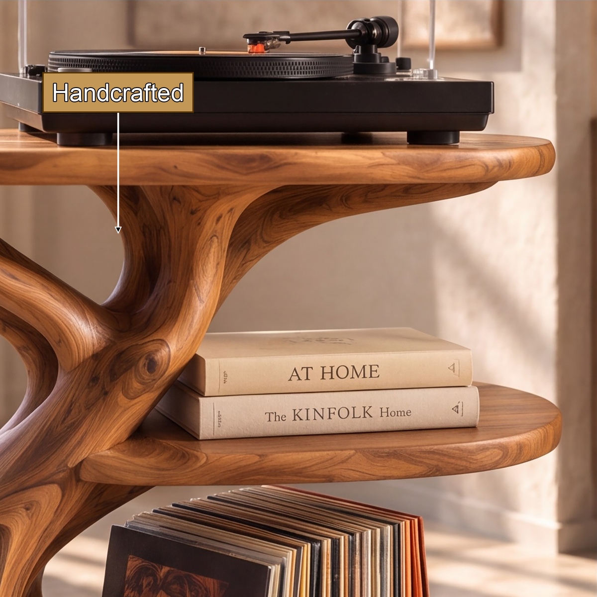 Vireevella Branching Sculpted Handcrafted Record Player Stand With Storage - Timberustic Record Player Stand With Storage
