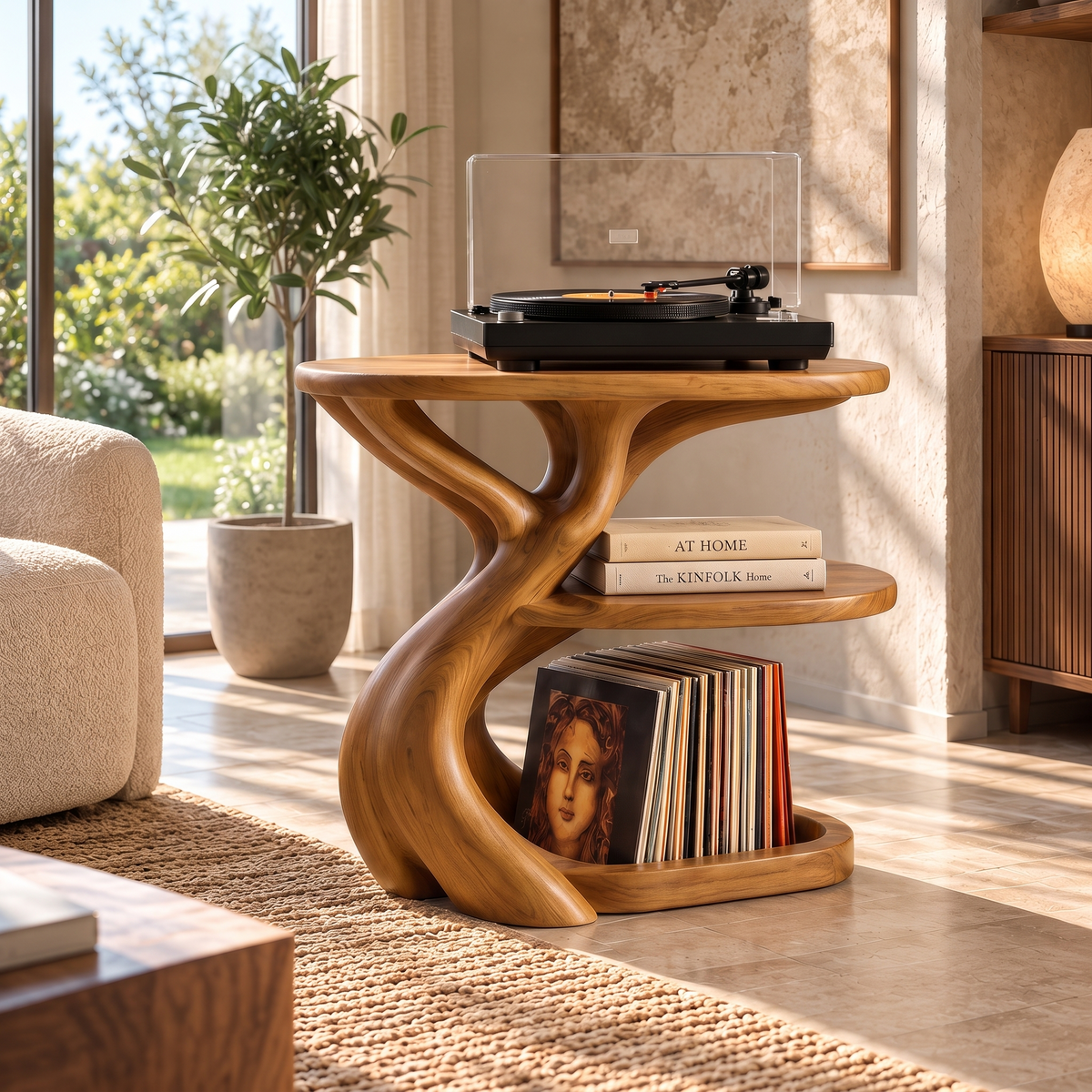 Vireevella Branching Sculpted Handcrafted Record Player Stand With Storage Teak - Timberustic Record Player Stand With Storage