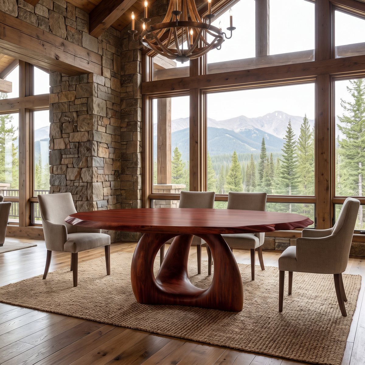 Vireewyn Round Live Edge Sculpted Base Handcrafted Round Dining Table by Timberustic — Mahogany finish