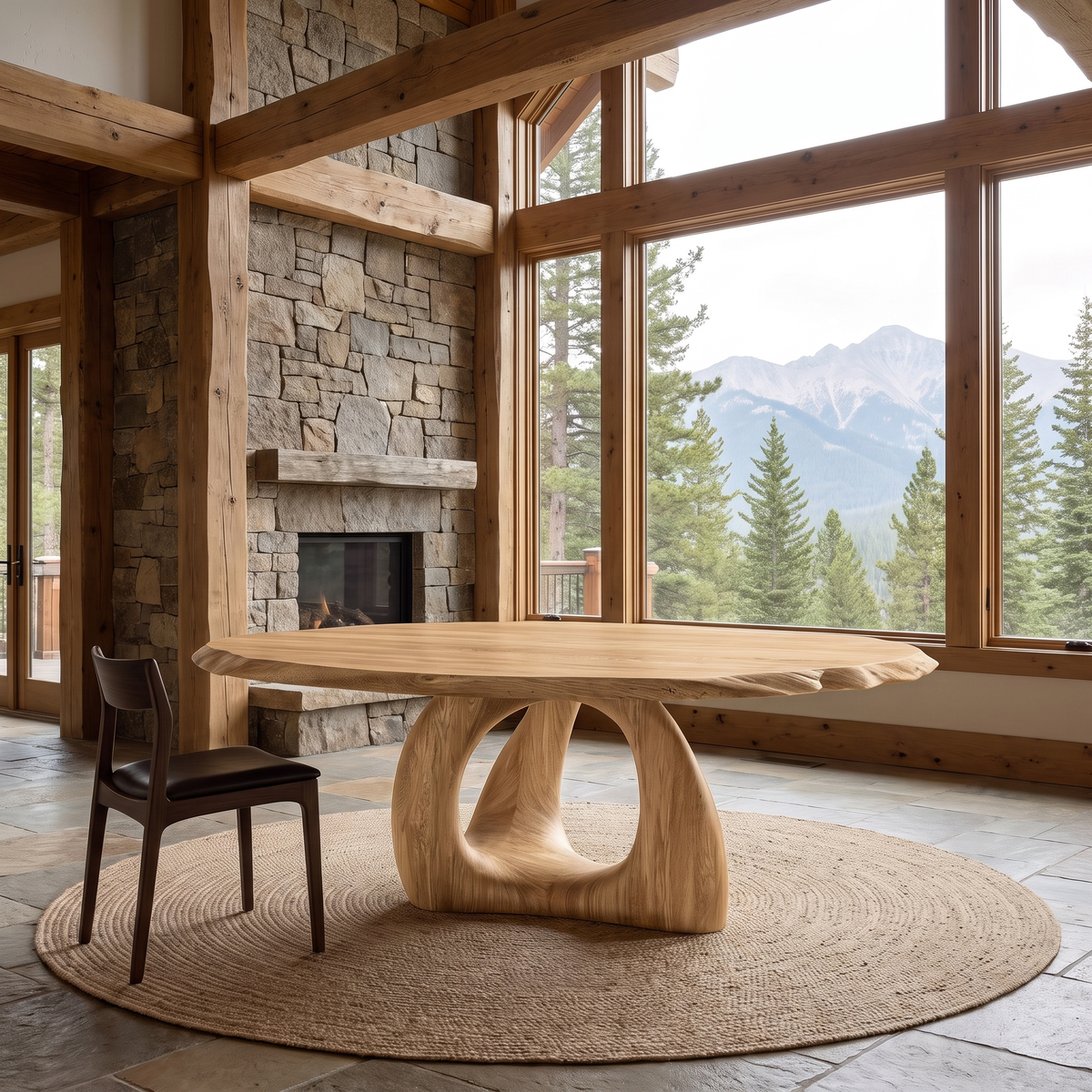 Vireewyn Round Live Edge Sculpted Base Handcrafted Round Dining Table by Timberustic — Natural Oak finish