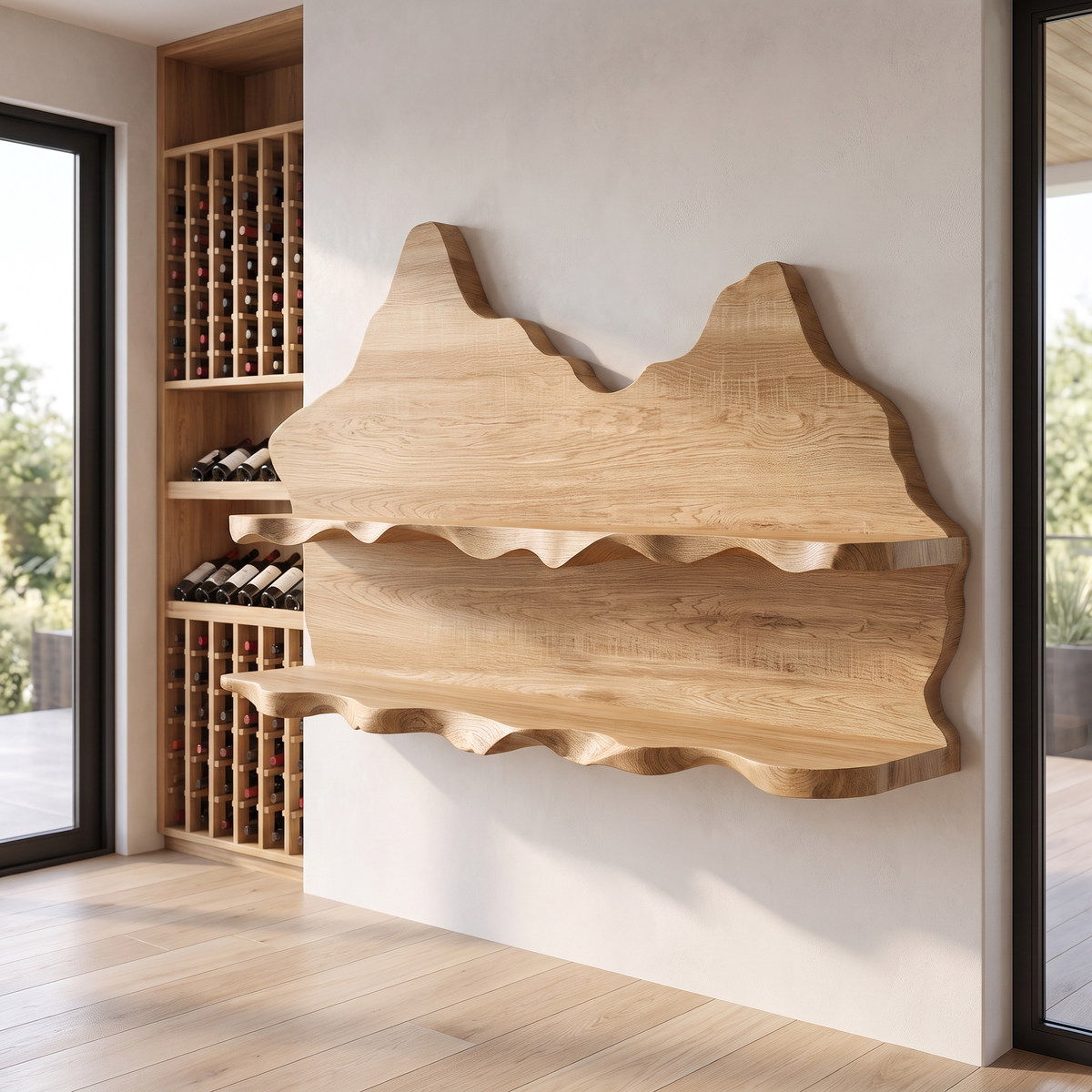 Vireiwyn Mountain Live Edge Handcrafted Floating Wine Shelf by Timberustic — Natural Oak finish
