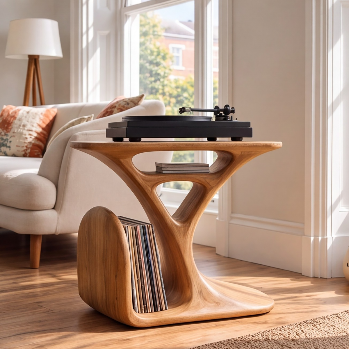 Virelio Flowing Sculpted Handcrafted Record Player Stand With Storage - Timberustic Record Player Stand With Storage
