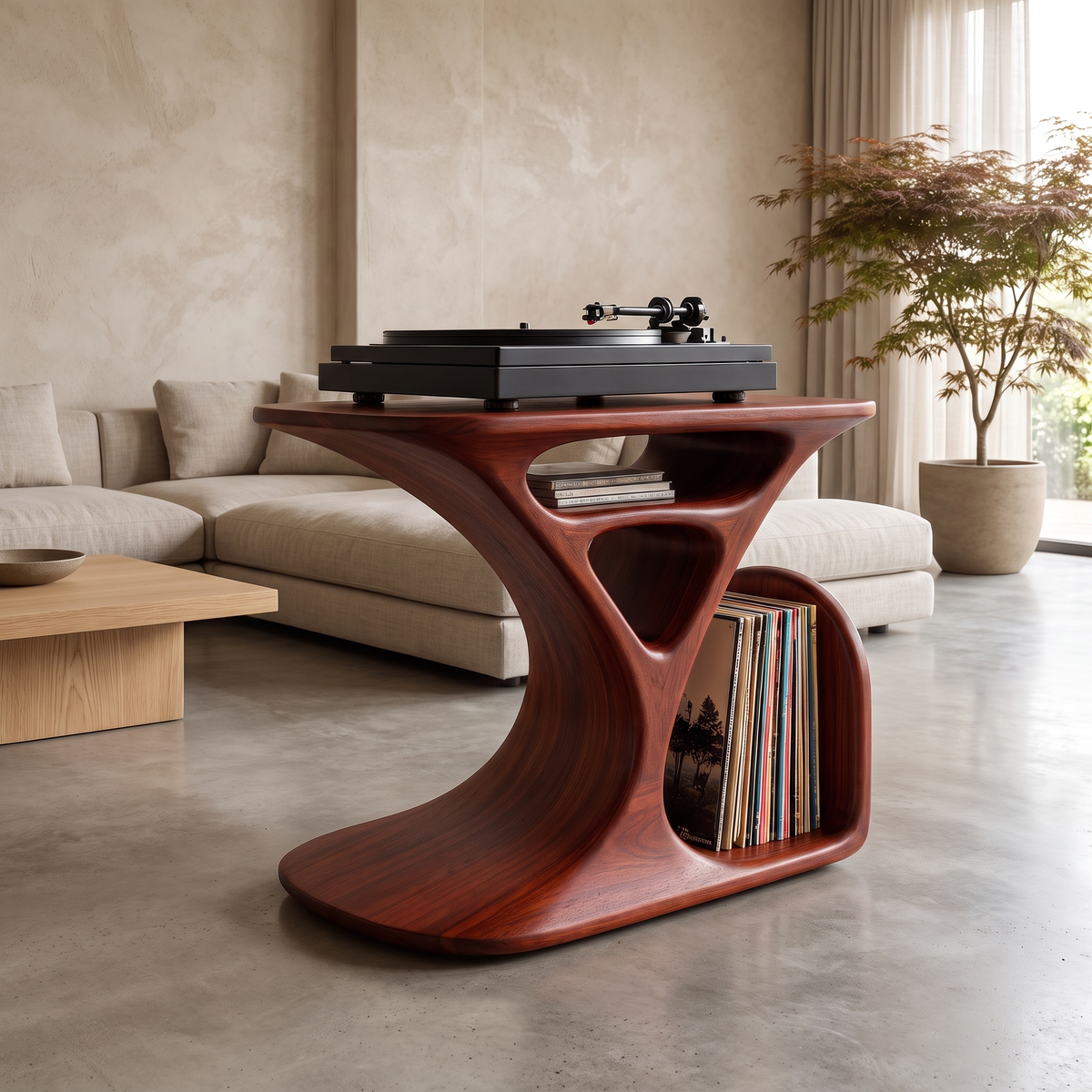 Virelio Flowing Sculpted Handcrafted Record Player Stand With Storage Mahogany - Timberustic Record Player Stand With Storage