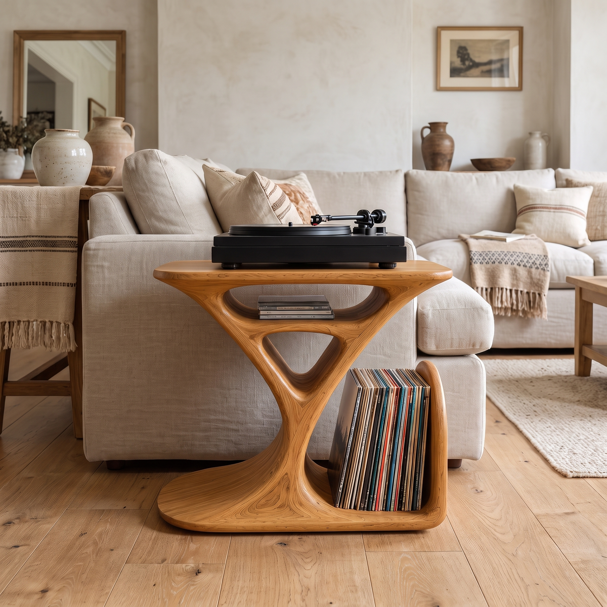 Virelio Flowing Sculpted Handcrafted Record Player Stand With Storage Teak - Timberustic Record Player Stand With Storage