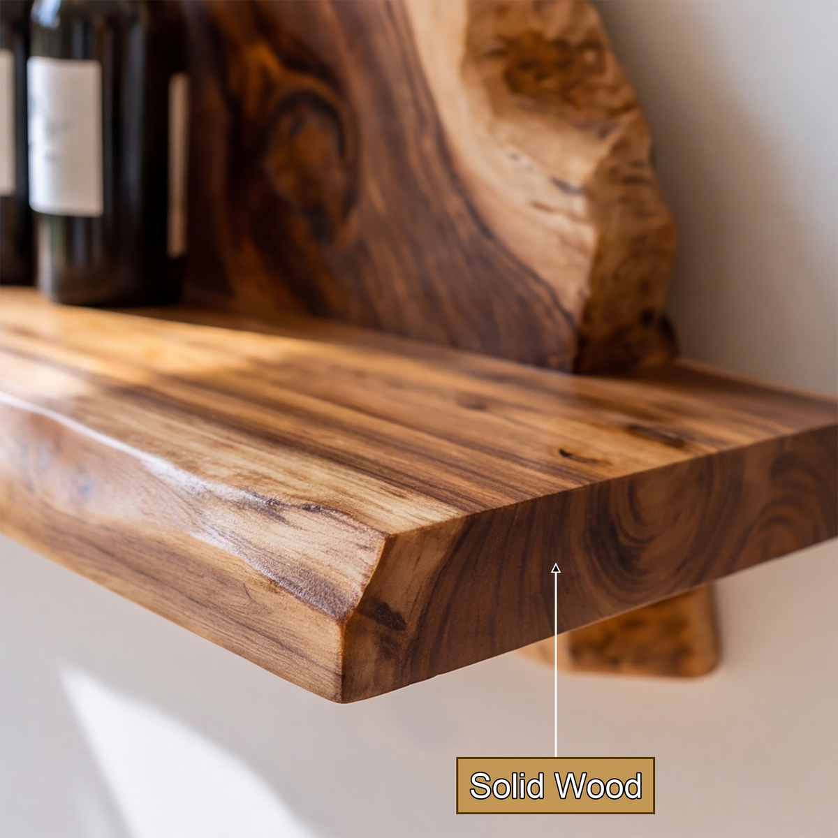 Viremont Live Edge Handcrafted Floating Wine Shelf by Timberustic — solid wood detail