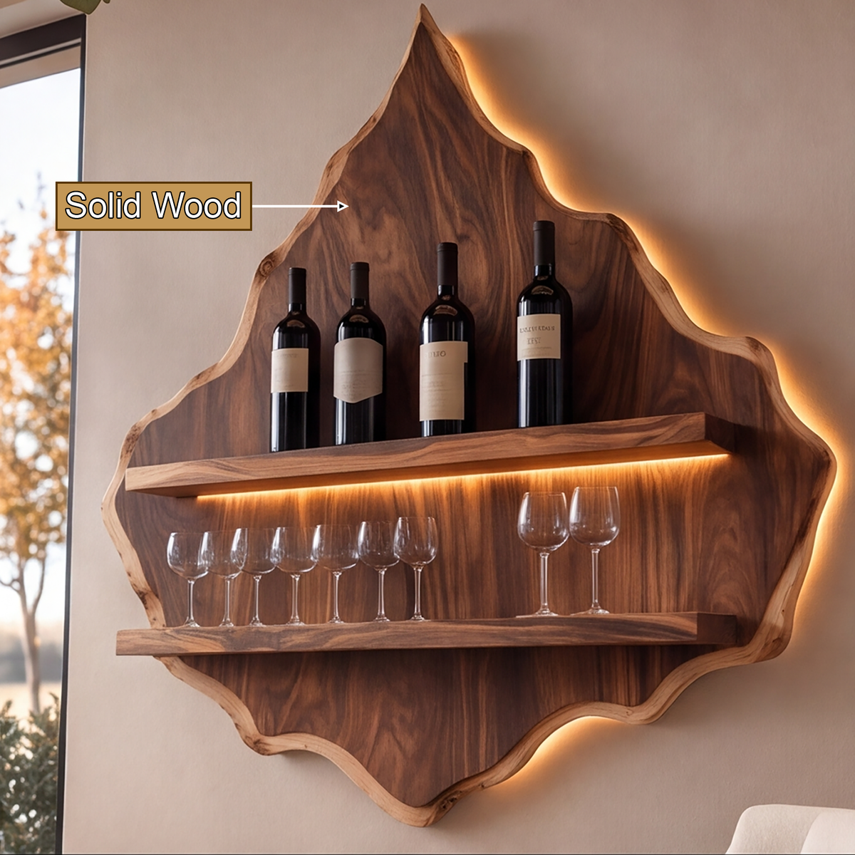 Vireorell Peaked-Contour Handcrafted Floating Wine Shelf by Timberustic — solid wood detail
