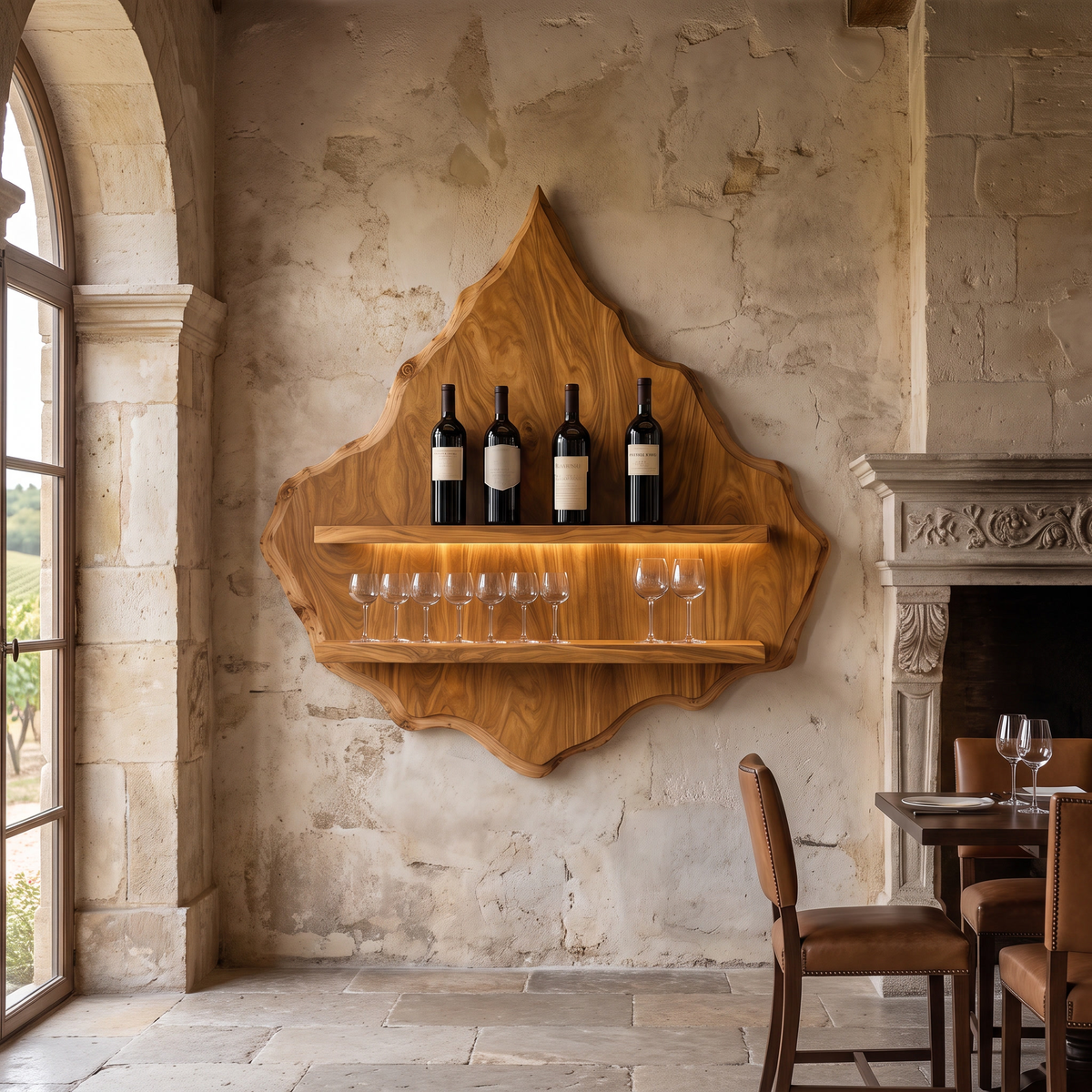 Vireorell Peaked-Contour Handcrafted Floating Wine Shelf by Timberustic — Teak finish