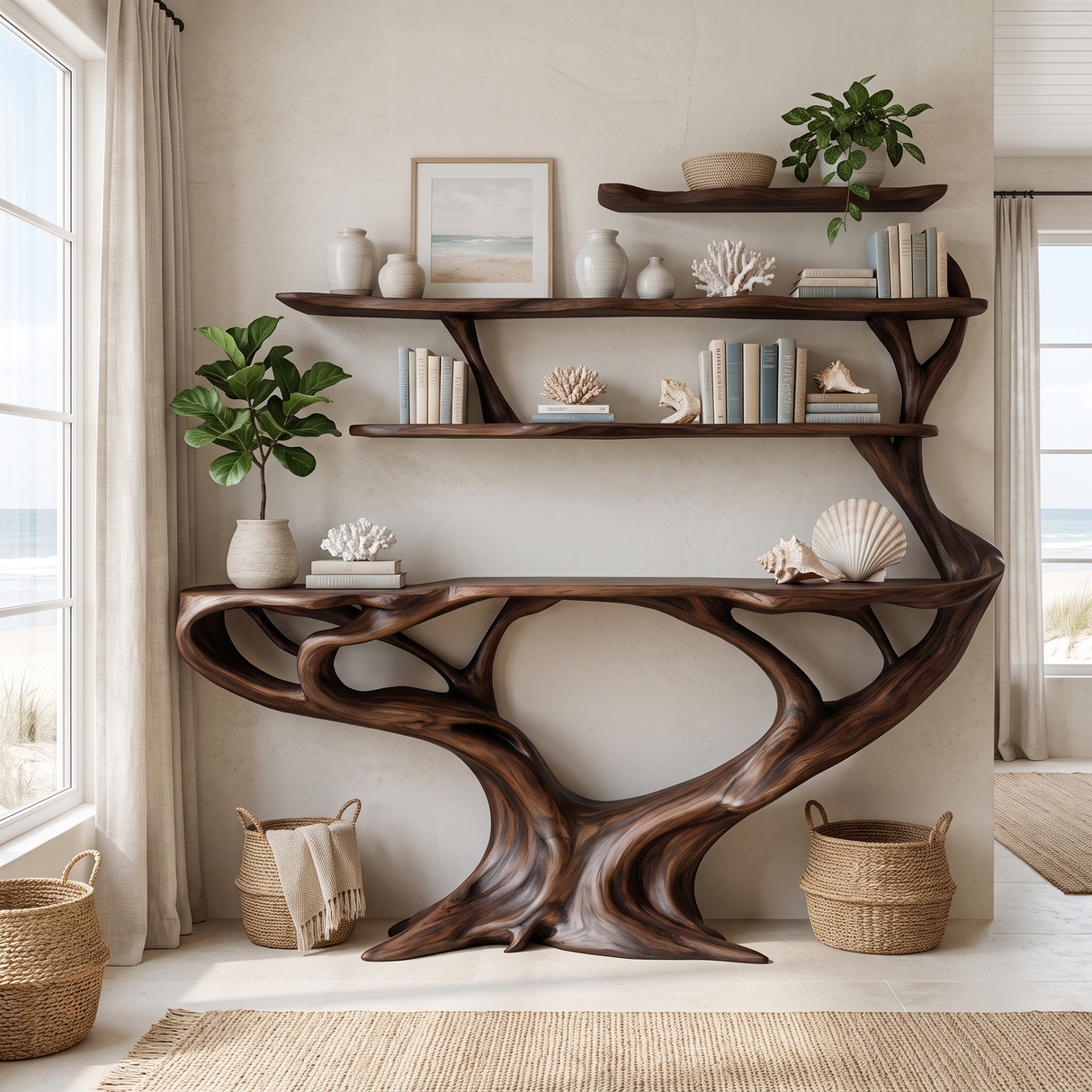 Aerionis Sculpted Solid Wood Console Table with Shelves Dark Walnut - Timberustic Console Table with Shelves