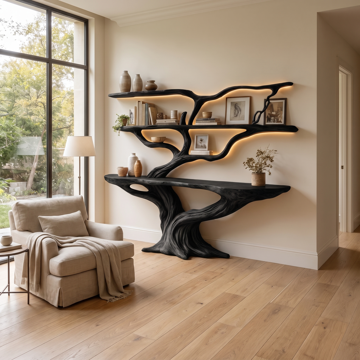 Arbordrift Handcrafted Tree Console Table with Shelves Black - Timberustic Console Table with Shelves