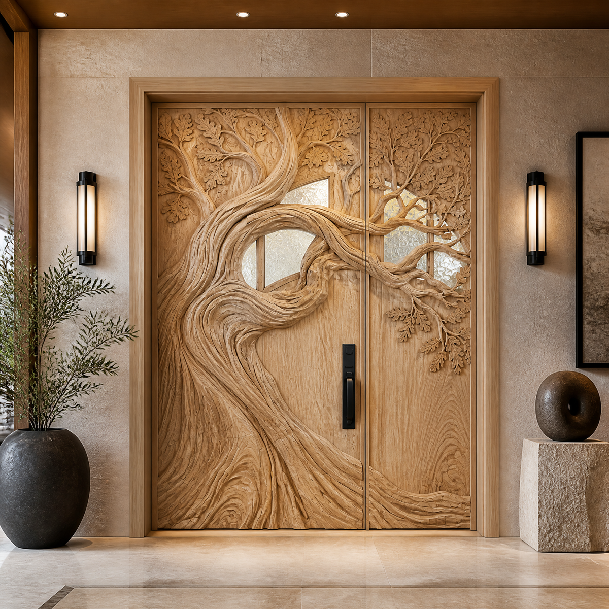 Aurelthorn Sculpted Solid Wood Single Door With Panel Natural Oak - Timberustic Door