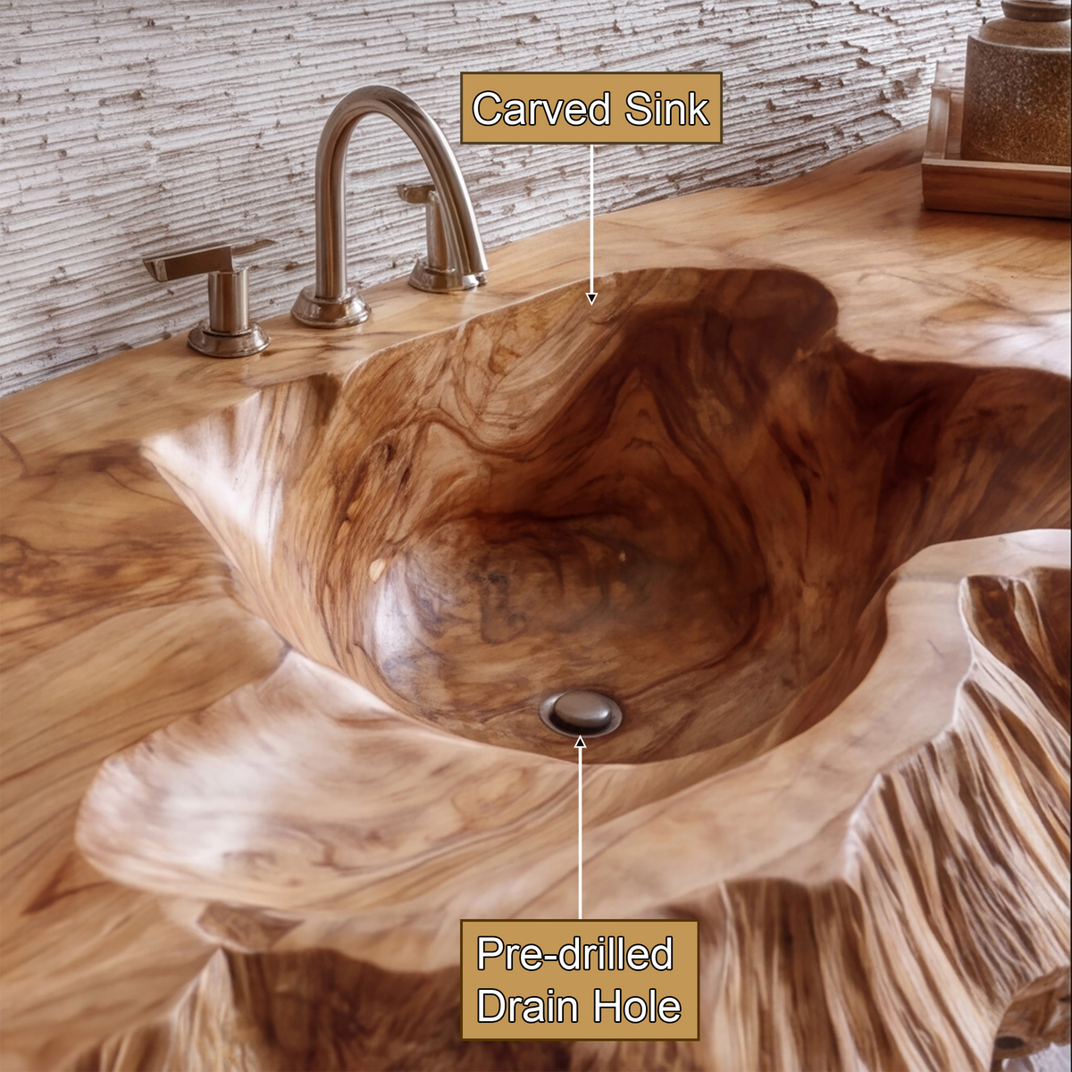 Averon Organic Carved Solid Wood Floating Bathroom Vanity with Integrated Sink - Timberustic Floating Bathroom Vanity with Integrated Sink