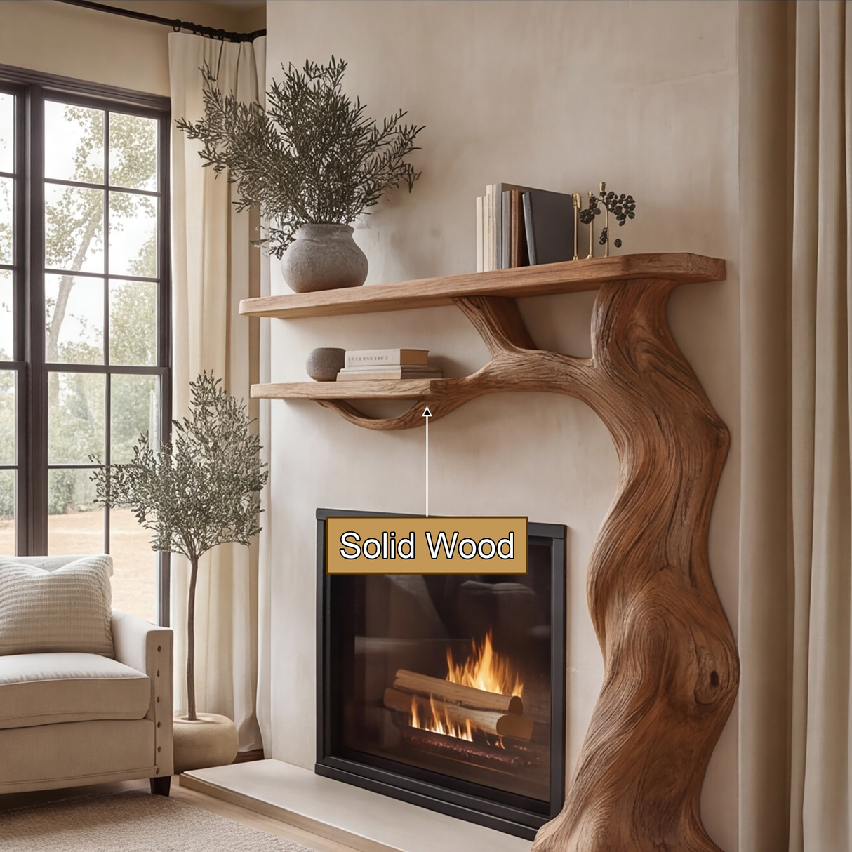 Briarhollow Sculpted Solid Wood Tree-Shaped Fireplace Mantel with Display Shelves - Timberustic Tree-Shaped Fireplace Mantel with Display Shelves