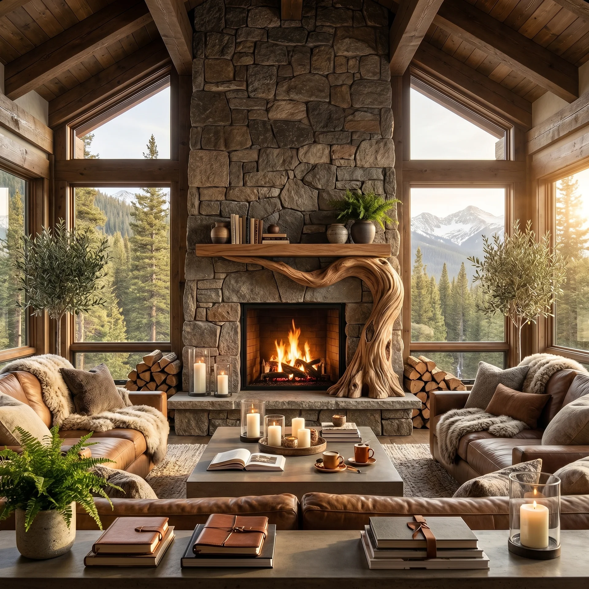 Brindlewood Sculpted Solid Wood Tree-Shaped Fireplace Mantel with Display Shelves - Timberustic Tree-Shaped Fireplace Mantel with Display Shelves