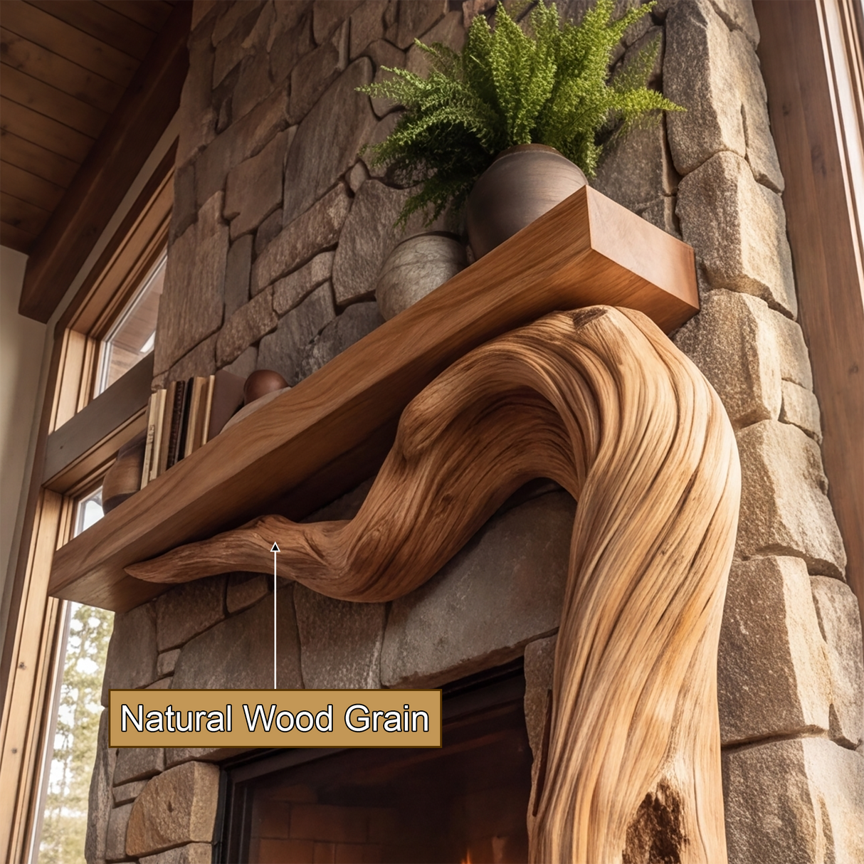 Brindlewood Sculpted Solid Wood Tree-Shaped Fireplace Mantel with Display Shelves - Timberustic Tree-Shaped Fireplace Mantel with Display Shelves