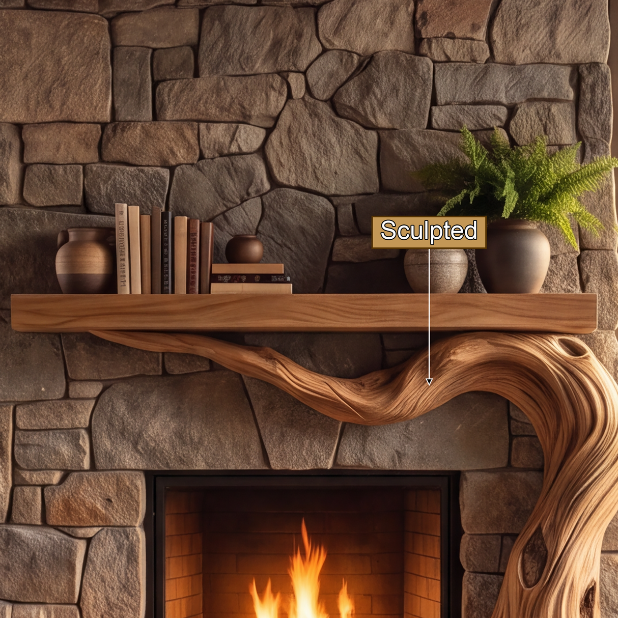 Brindlewood Sculpted Solid Wood Tree-Shaped Fireplace Mantel with Display Shelves - Timberustic Tree-Shaped Fireplace Mantel with Display Shelves