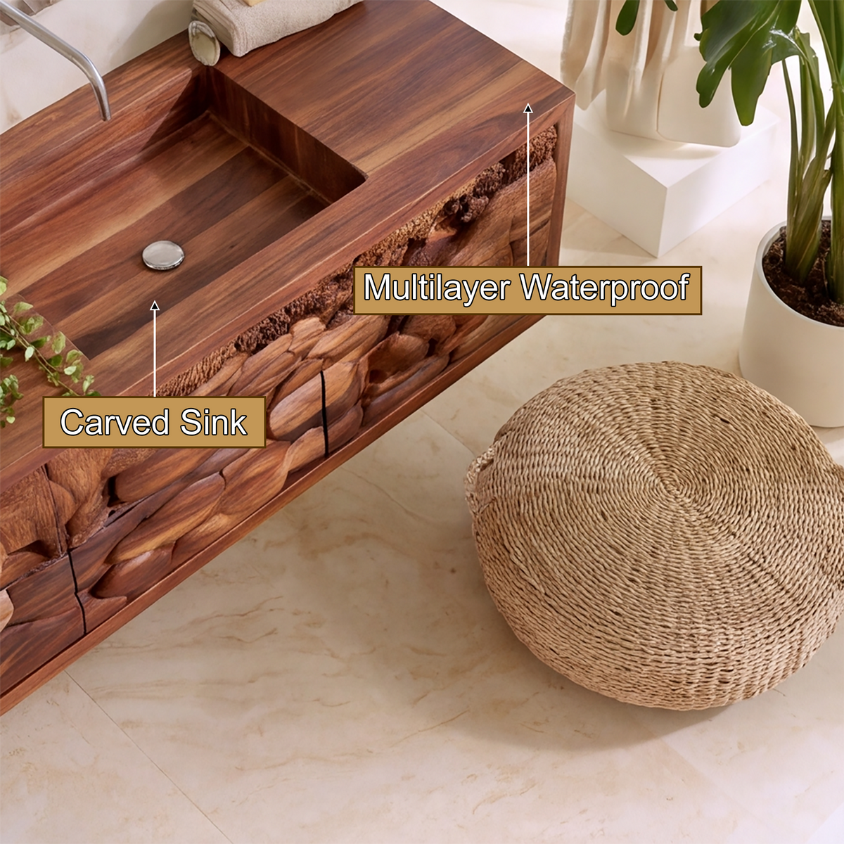 Brumora Handcrafted Solid Wood Floating Bathroom Vanity with Integrated Sink and Drawers