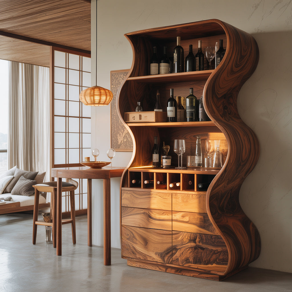 Doublewave Sculpted Solid Wood Bar Cabinet - Timberustic Bar Cabinet