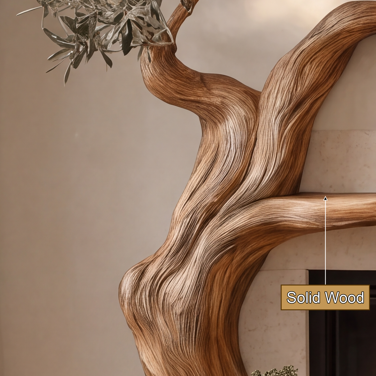 Elaris Sculpted Solid Wood Tree-Shaped Fireplace Mantel with Display Shelves - Timberustic Tree-Shaped Fireplace Mantel with Display Shelves
