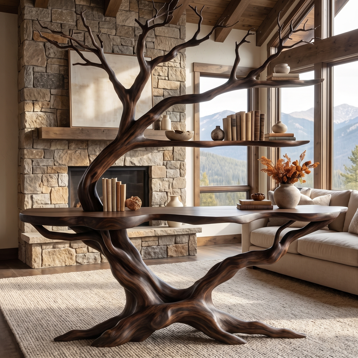 Elderglen Handcrafted Tree Console Table with Shelves Dark Walnut - Timberustic Console Table with Shelves