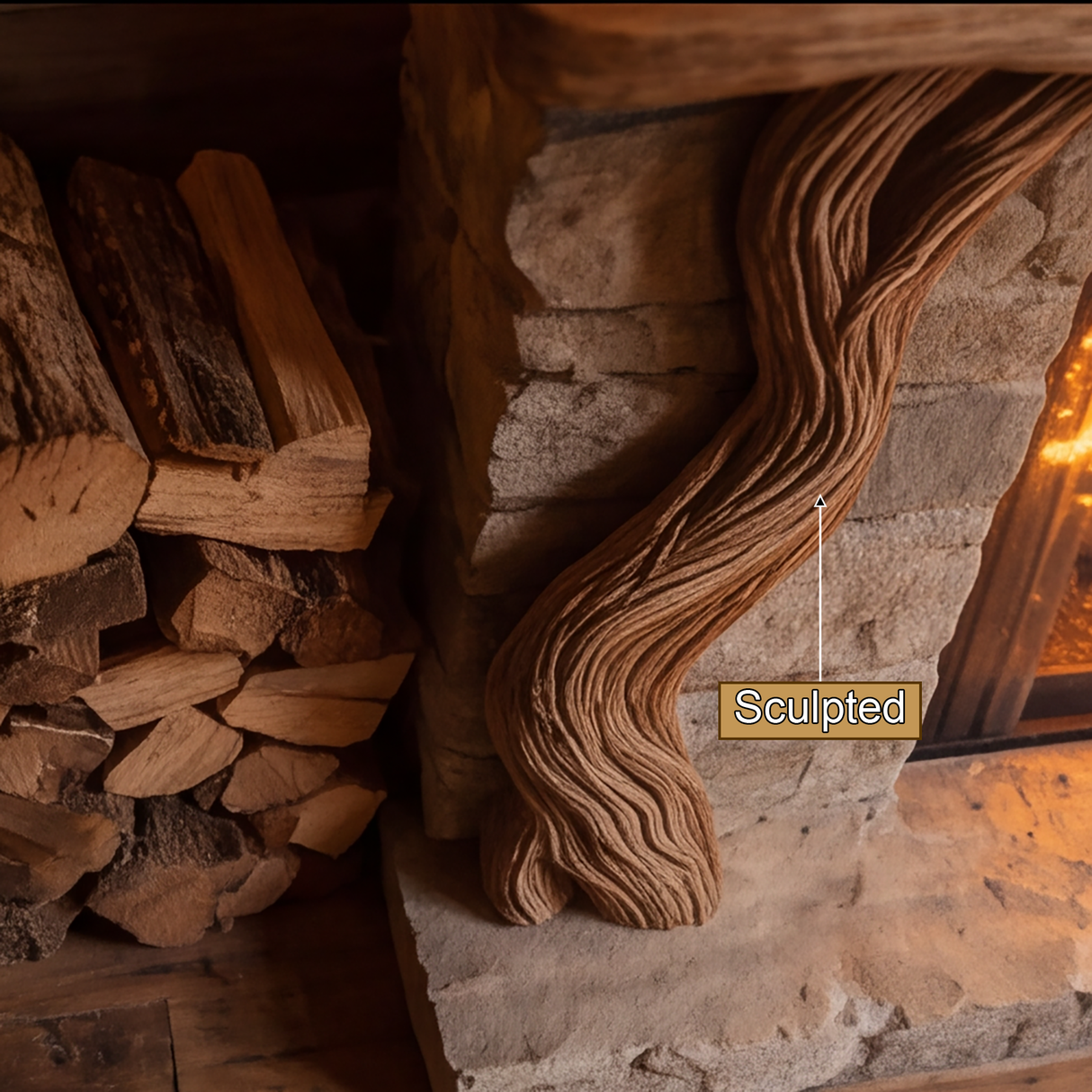 Eldergrove Sculpted Solid Wood Tree-Shaped Fireplace Mantel with Display Shelves - Timberustic Tree-Shaped Fireplace Mantel with Display Shelves