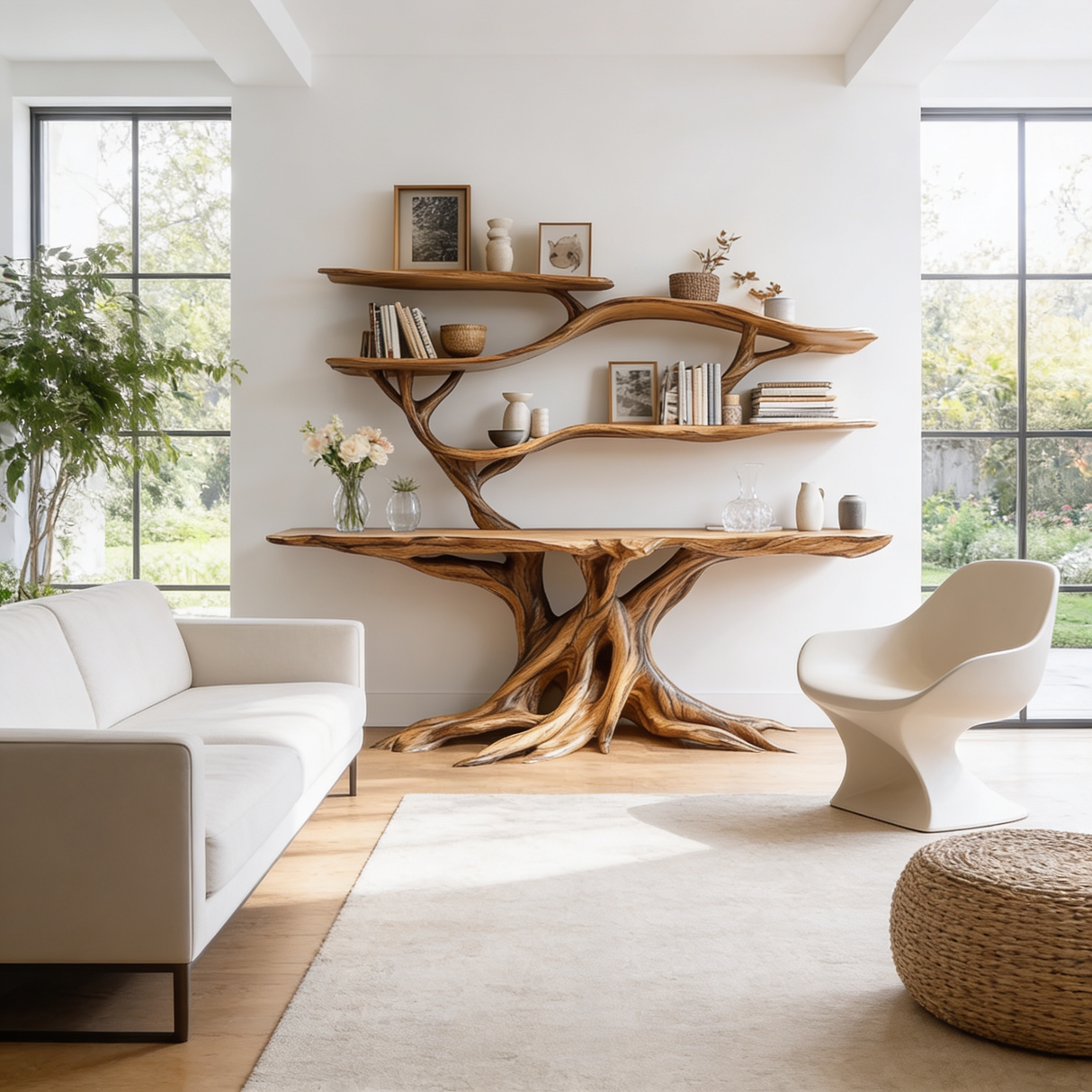 Elyndor Sculpted Solid Wood Console Table with Shelves - Timberustic Console Table with Shelves