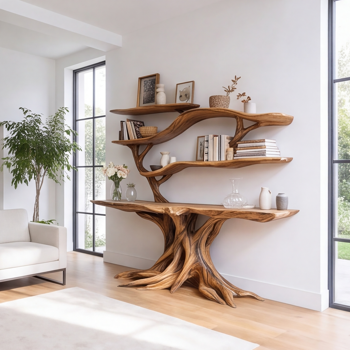 Elyndor Sculpted Solid Wood Console Table with Shelves - Timberustic Console Table with Shelves