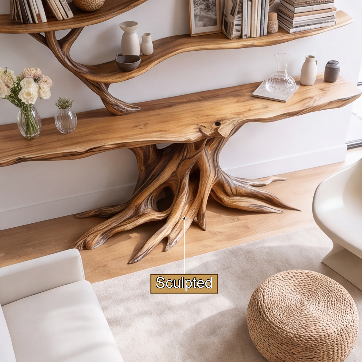 Elyndor Sculpted Solid Wood Console Table with Shelves - Timberustic Console Table with Shelves
