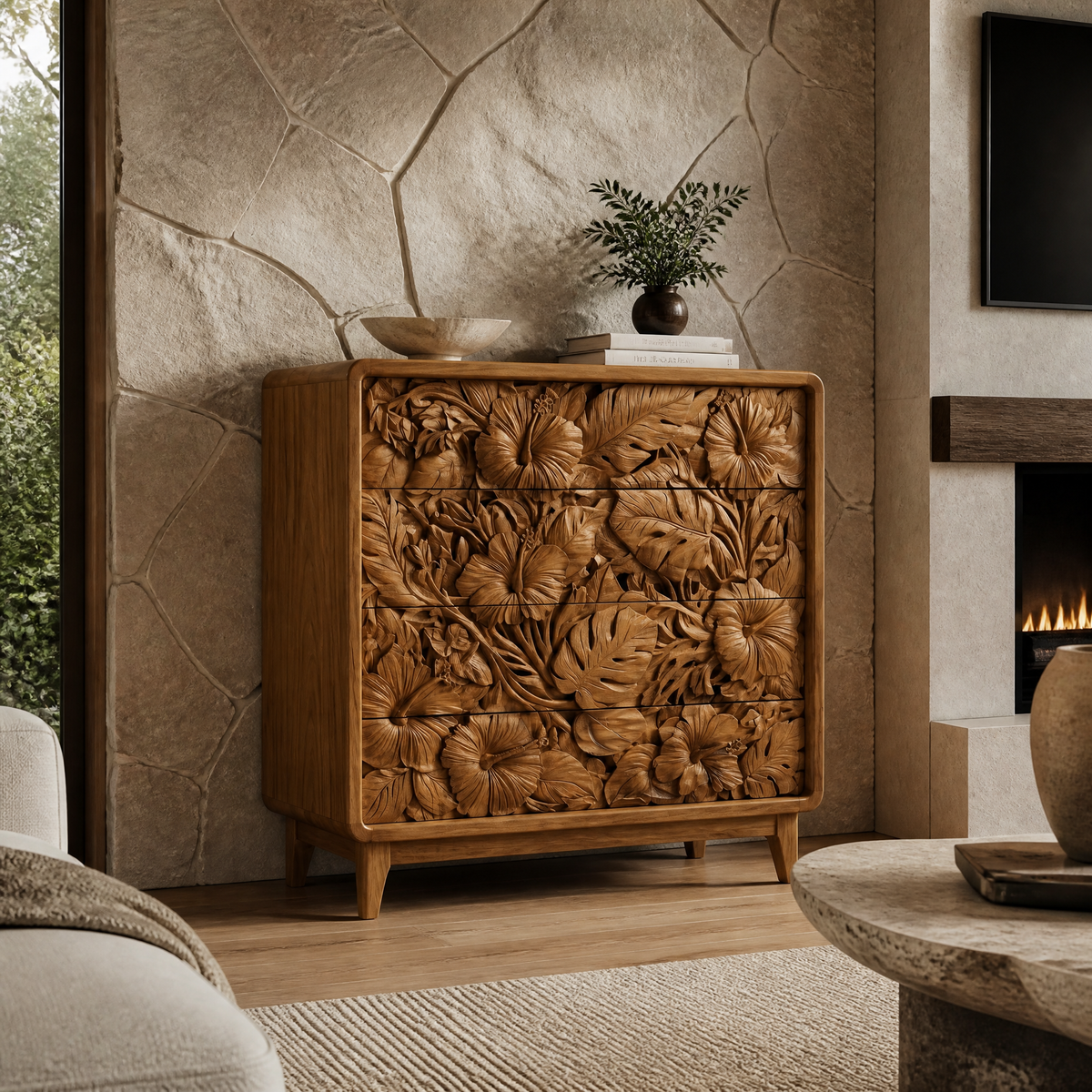 Floravelle Sculpted Solid Wood Sideboard Cabinet