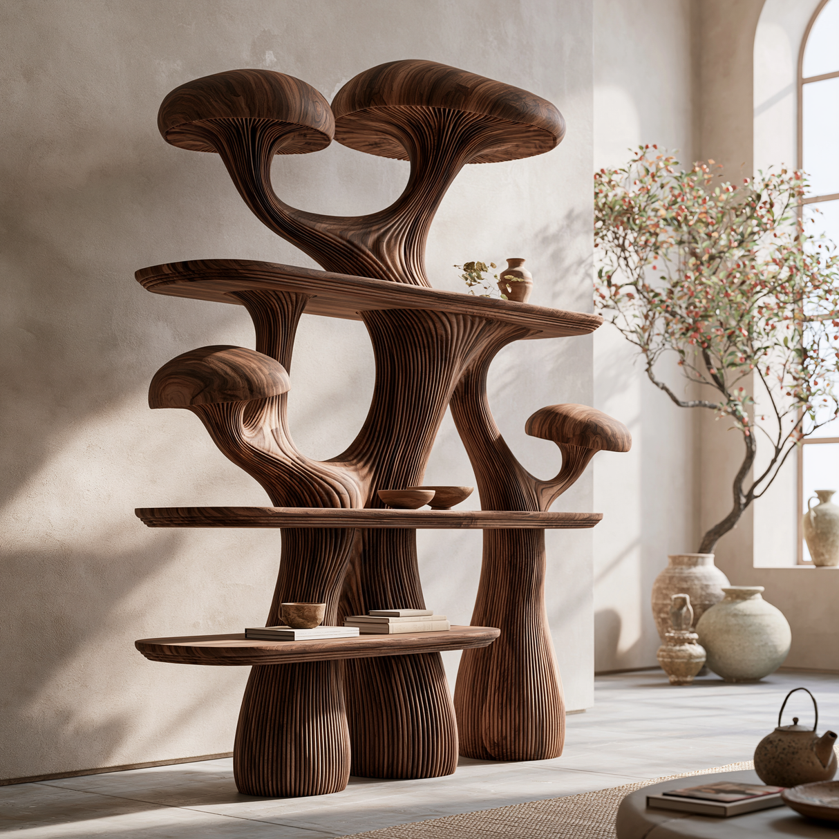 Mycelora Sculpted Solid Wood Mushroom Bookshelf