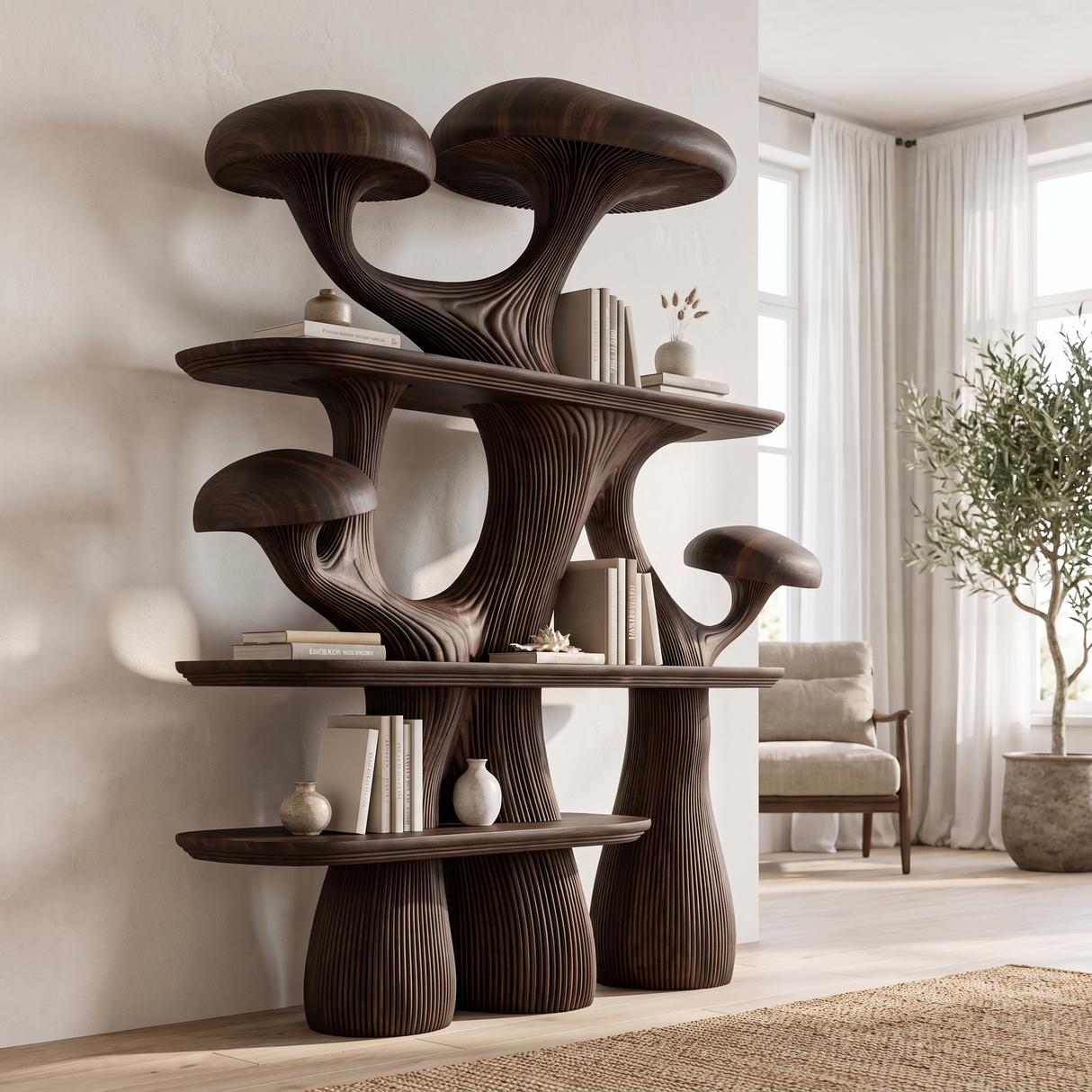 Mycelora Sculpted Solid Wood Mushroom Bookshelf