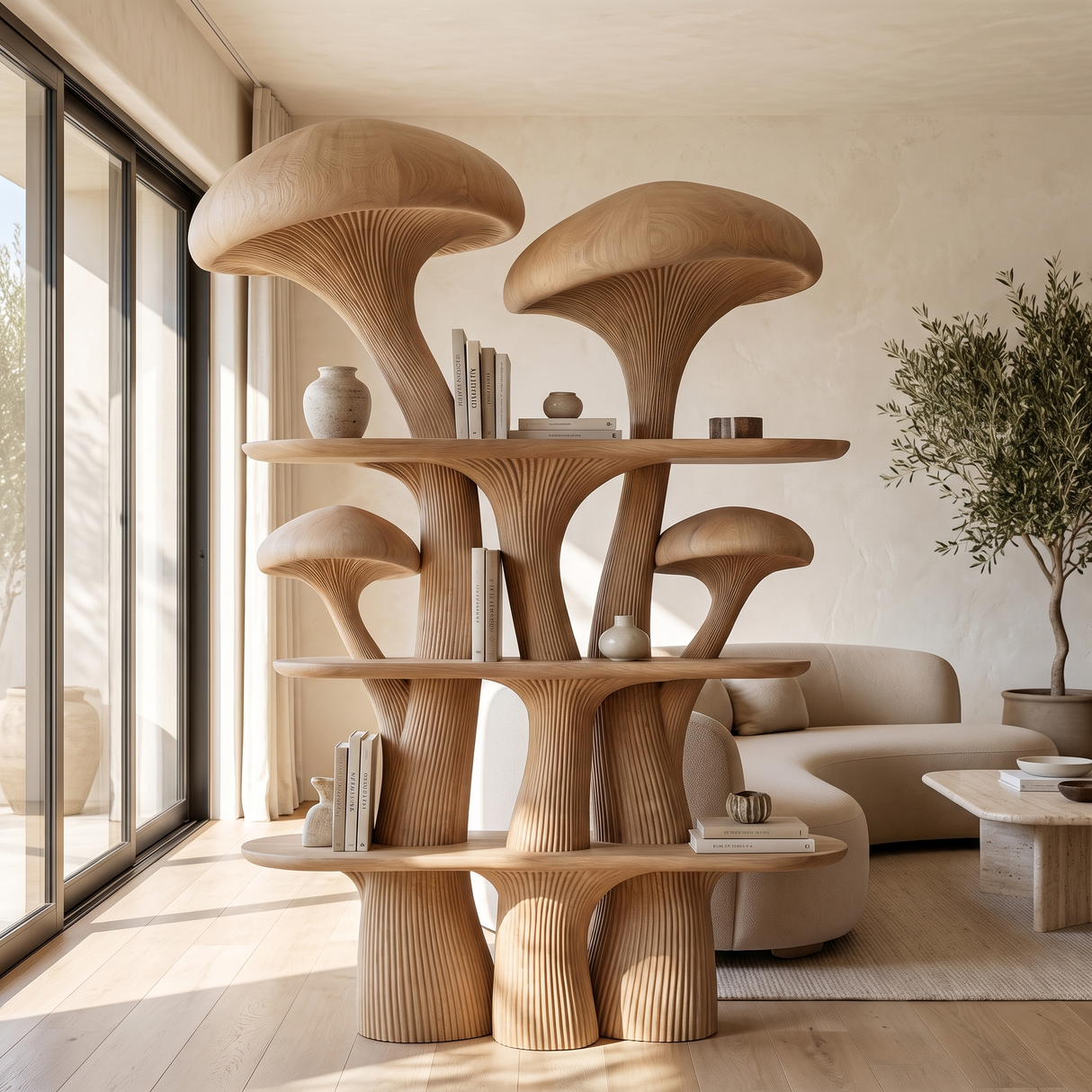 Mycelune Sculpted Solid Wood Mushroom Bookshelf