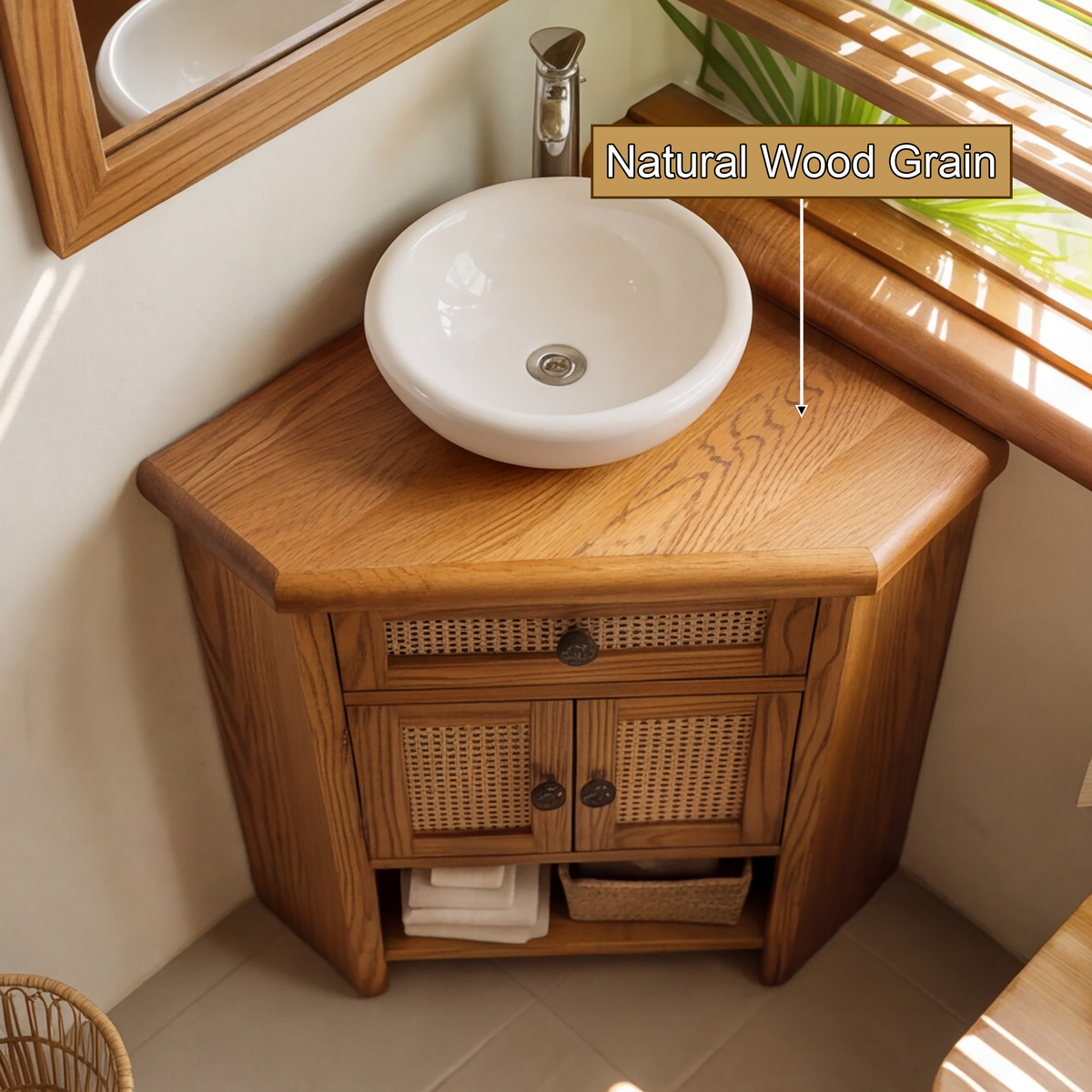 Tava Rattan-Front Corner Bathroom Vanity - Timberustic Corner Bathroom Vanity