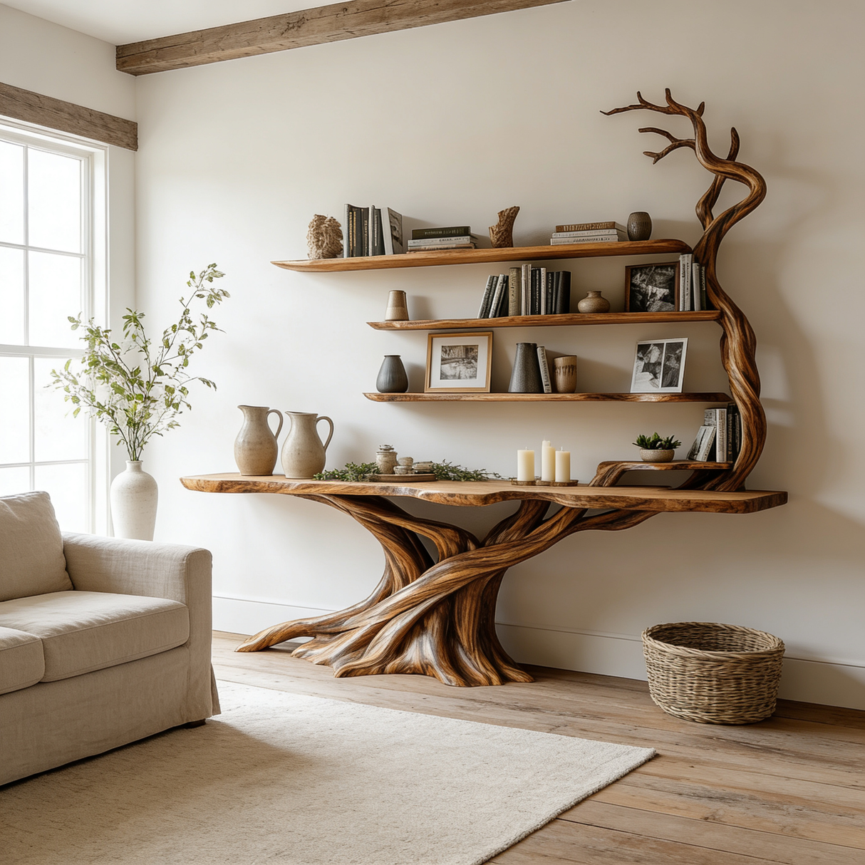 Sylvarion Sculpted Solid Wood Console Table with Shelves - Timberustic Console Table with Shelves