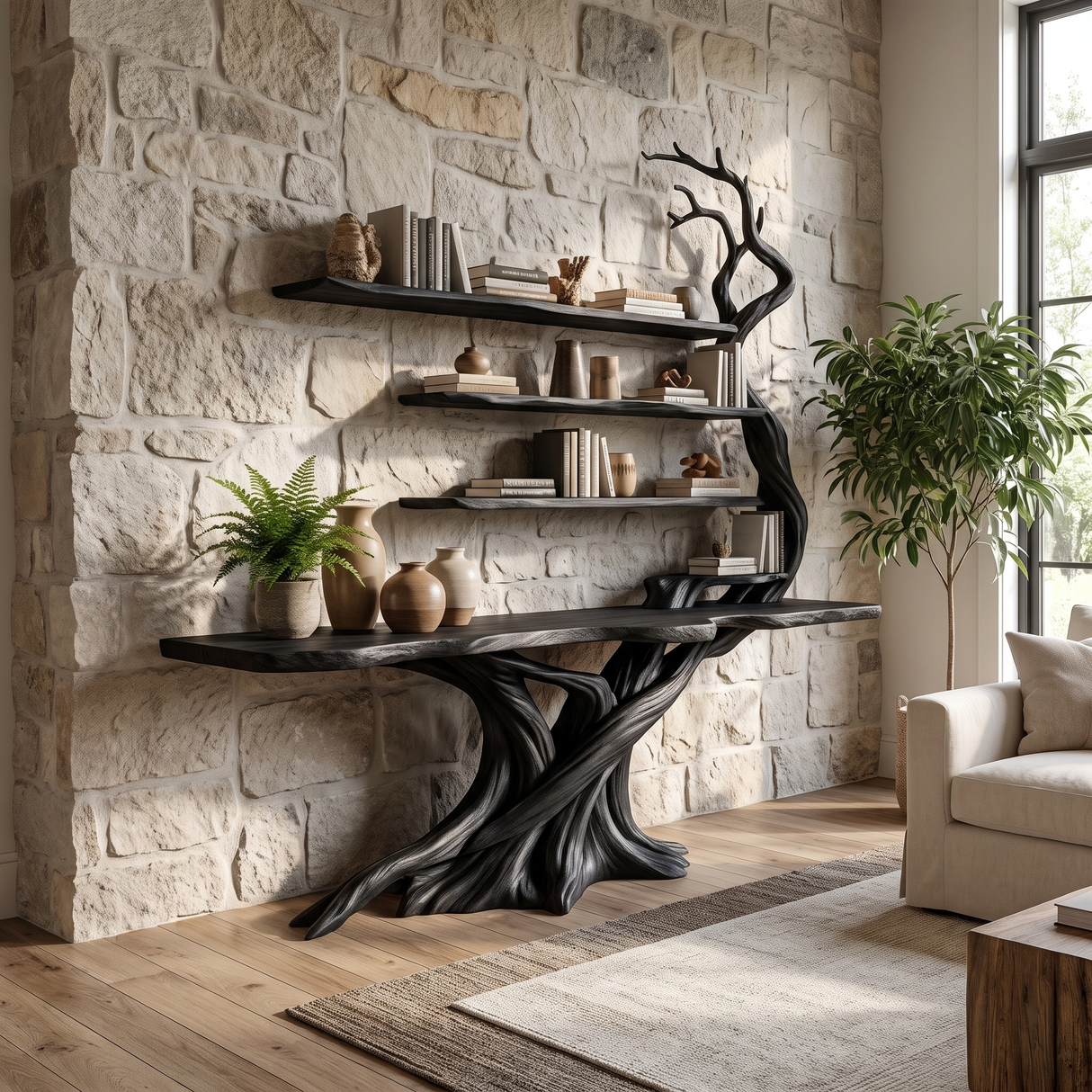Sylvarion Sculpted Solid Wood Console Table with Shelves Black - Timberustic Console Table with Shelves