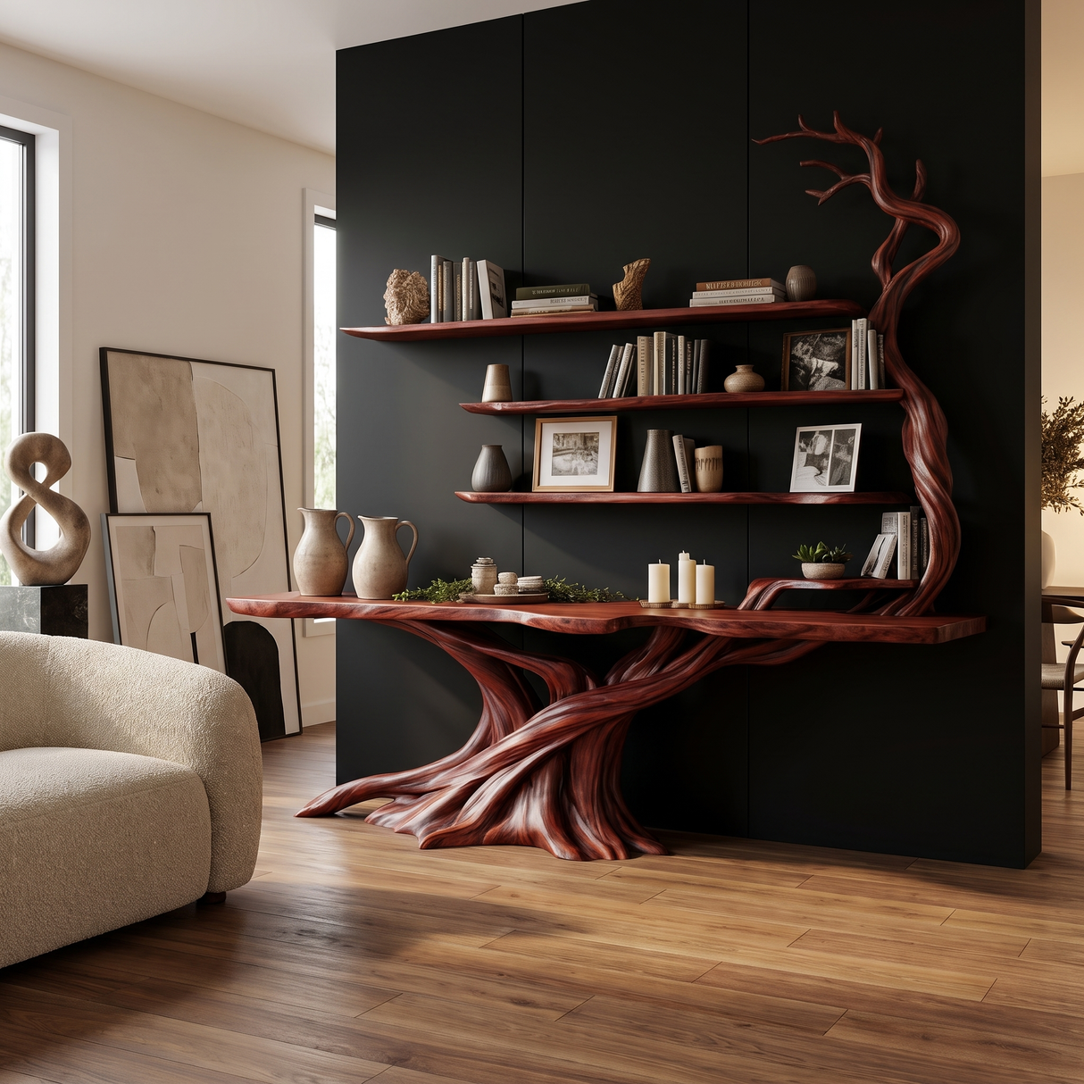Sylvarion Sculpted Solid Wood Console Table with Shelves Mahogany - Timberustic Console Table with Shelves