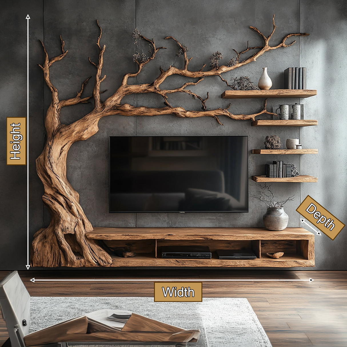 Sylvaris Handcrafted Solid Wood Tree TV Console - Timberustic TV Console with Tree Shelf