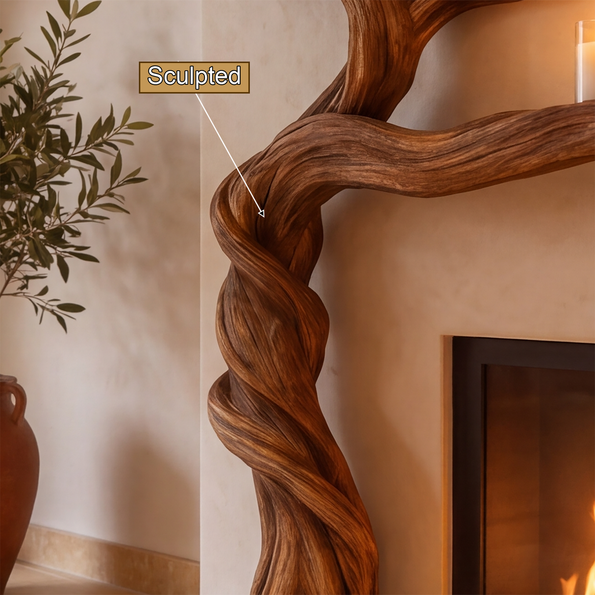 Sylvaris Sculpted Solid Wood Tree-Shaped Fireplace Mantel with Display Shelves - Timberustic Tree-Shaped Fireplace Mantel with Display Shelves