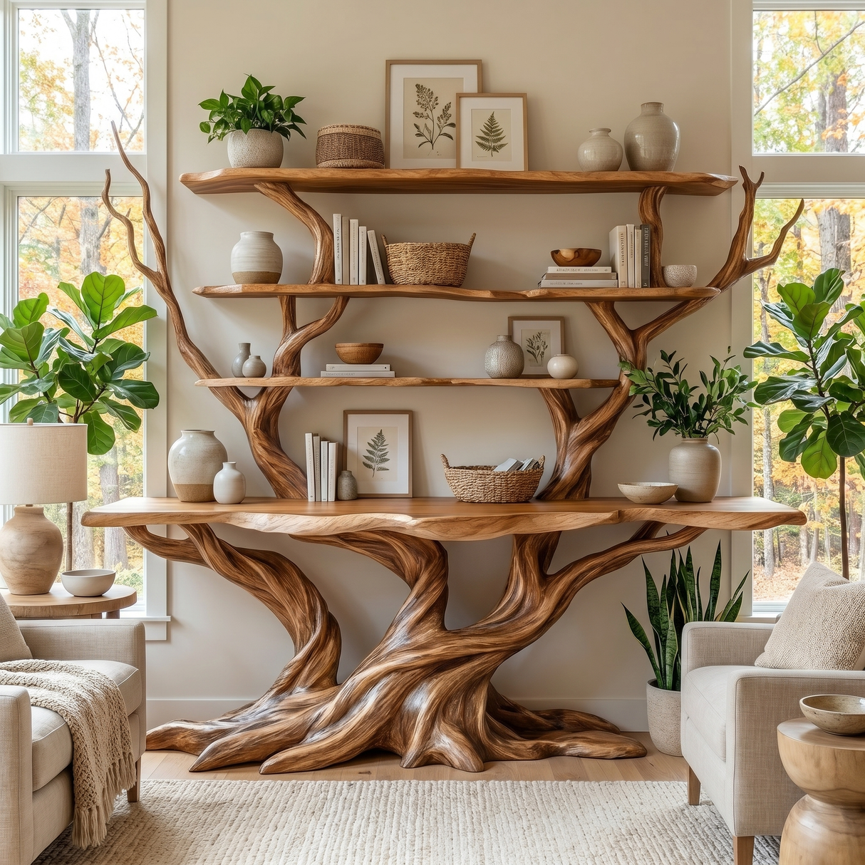 Thalorwyn Sculpted Solid Wood Console Table with Shelves - Timberustic Console Table with Shelves