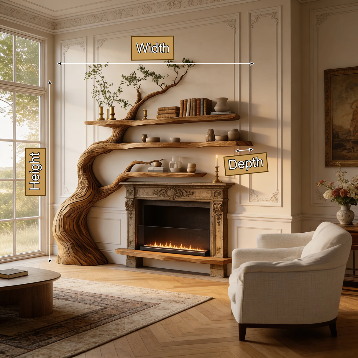 Thornmere Sculpted Solid Wood Tree-Shaped Fireplace Mantel with Display Shelves - Timberustic Tree-Shaped Fireplace Mantel with Display Shelves