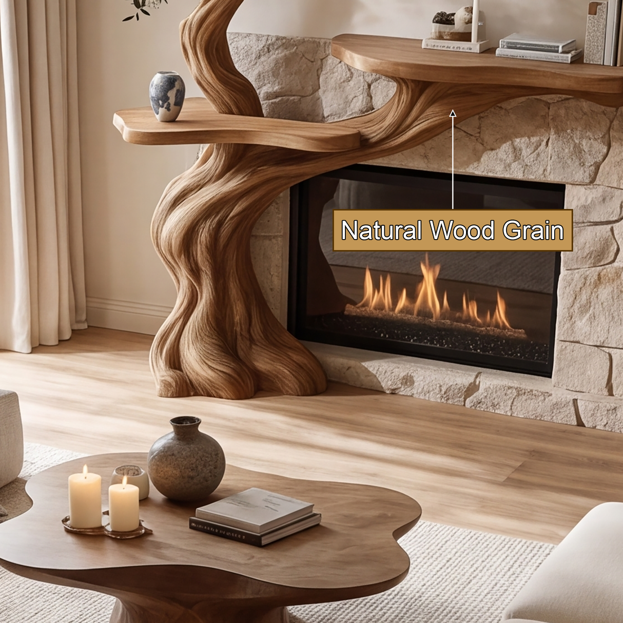 Thornvale Sculpted Solid Wood Tree-Shaped Fireplace Mantel with Display Shelves - Timberustic Tree-Shaped Fireplace Mantel with Display Shelves