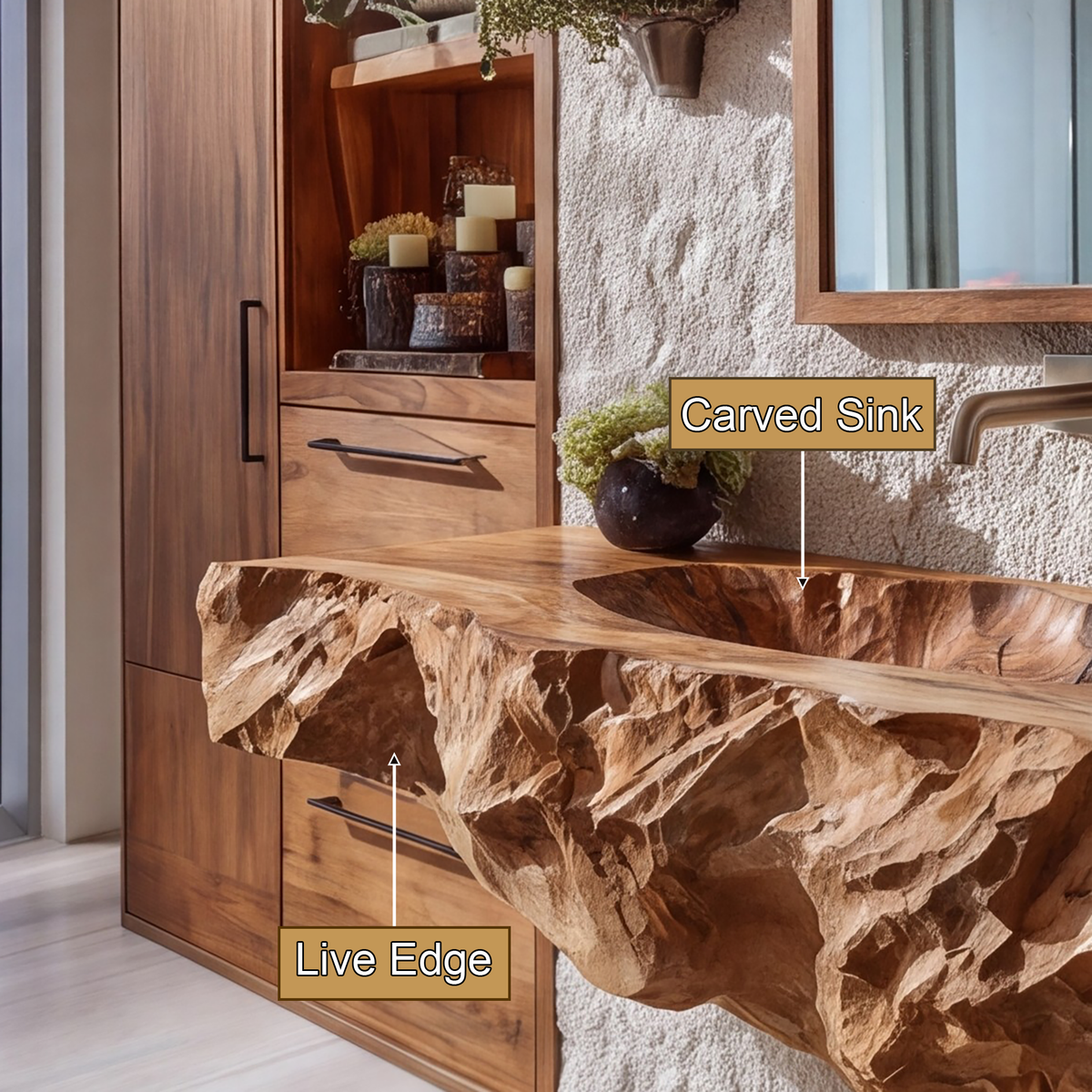 Velmora Raw Carved Solid Wood Floating Bathroom Vanity with Integrated Sink - Timberustic Floating Bathroom Vanity with Integrated Sink