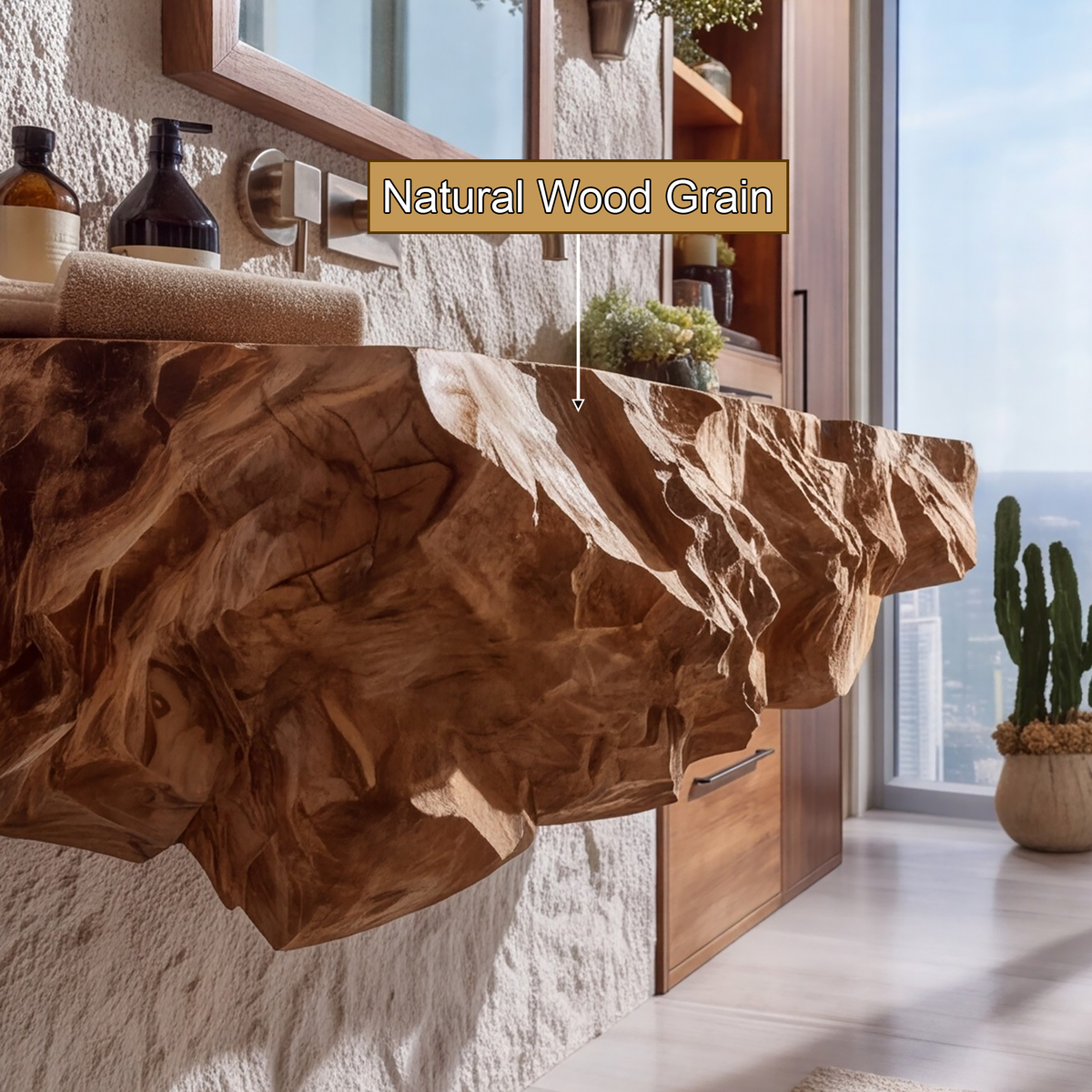 Velmora Raw Carved Solid Wood Floating Bathroom Vanity with Integrated Sink - Timberustic Floating Bathroom Vanity with Integrated Sink