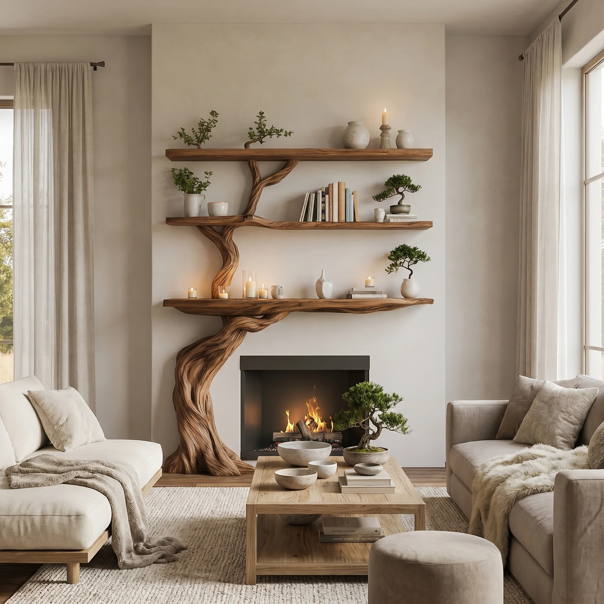 Verdantis Sculpted Solid Wood Tree-Shaped Fireplace Mantel with Display Shelves - Timberustic Tree-Shaped Fireplace Mantel with Display Shelves