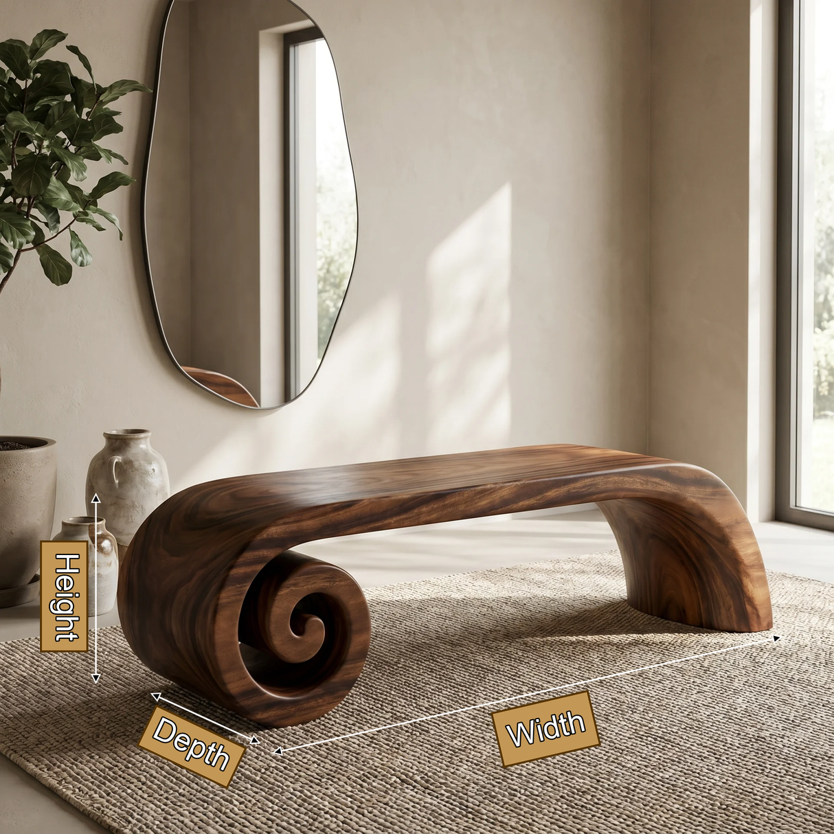 Volutra Sculpted Solid Wood Indoor Bench