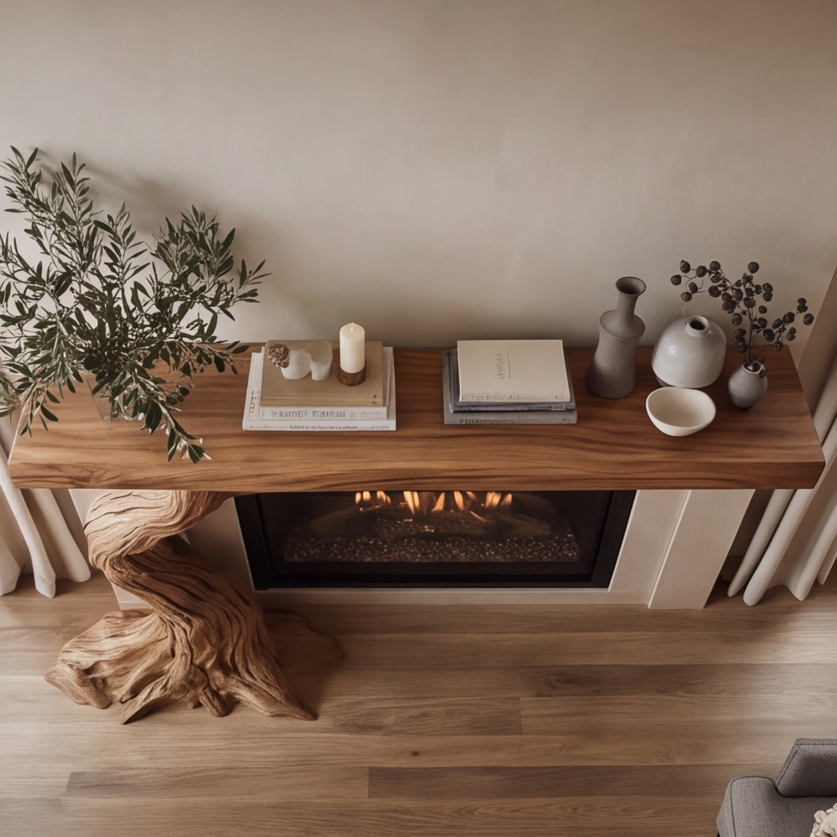 Wildercrest Sculpted Solid Wood Tree-Shaped Fireplace Mantel with Display Shelves - Timberustic Tree-Shaped Fireplace Mantel with Display Shelves