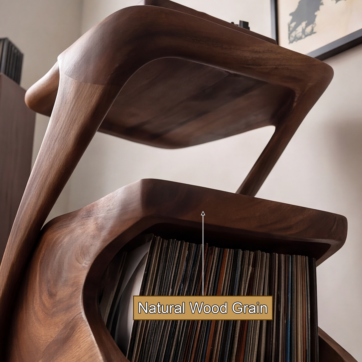 Zephora Sculpted Solid Wood Record Player Stand - Timberustic Record Player Stand With Storage