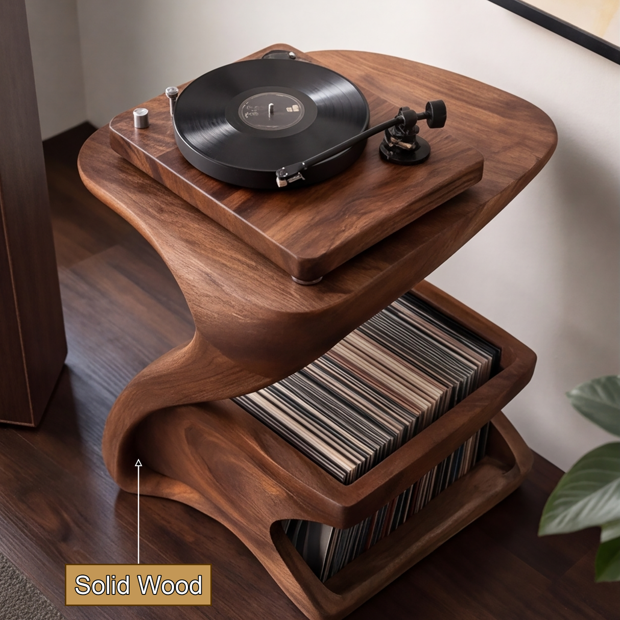 Zephora Sculpted Solid Wood Record Player Stand - Timberustic Record Player Stand With Storage
